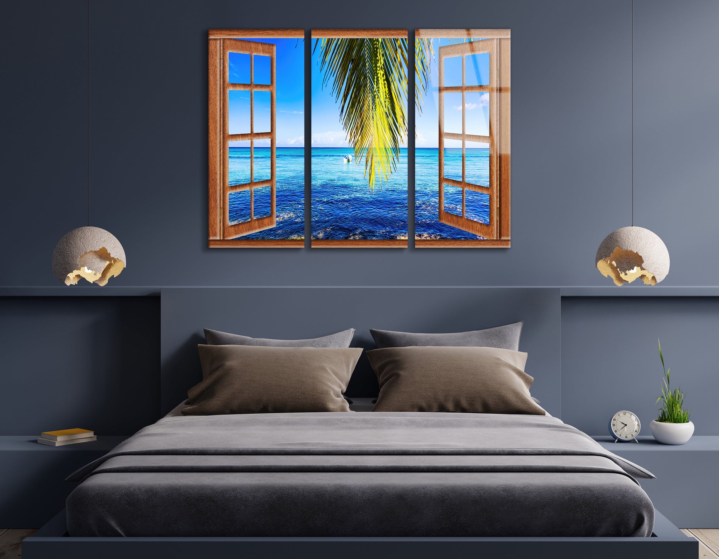 Mega Size Open Window View of the Sea Trio | Premium HD Metal Wall Art