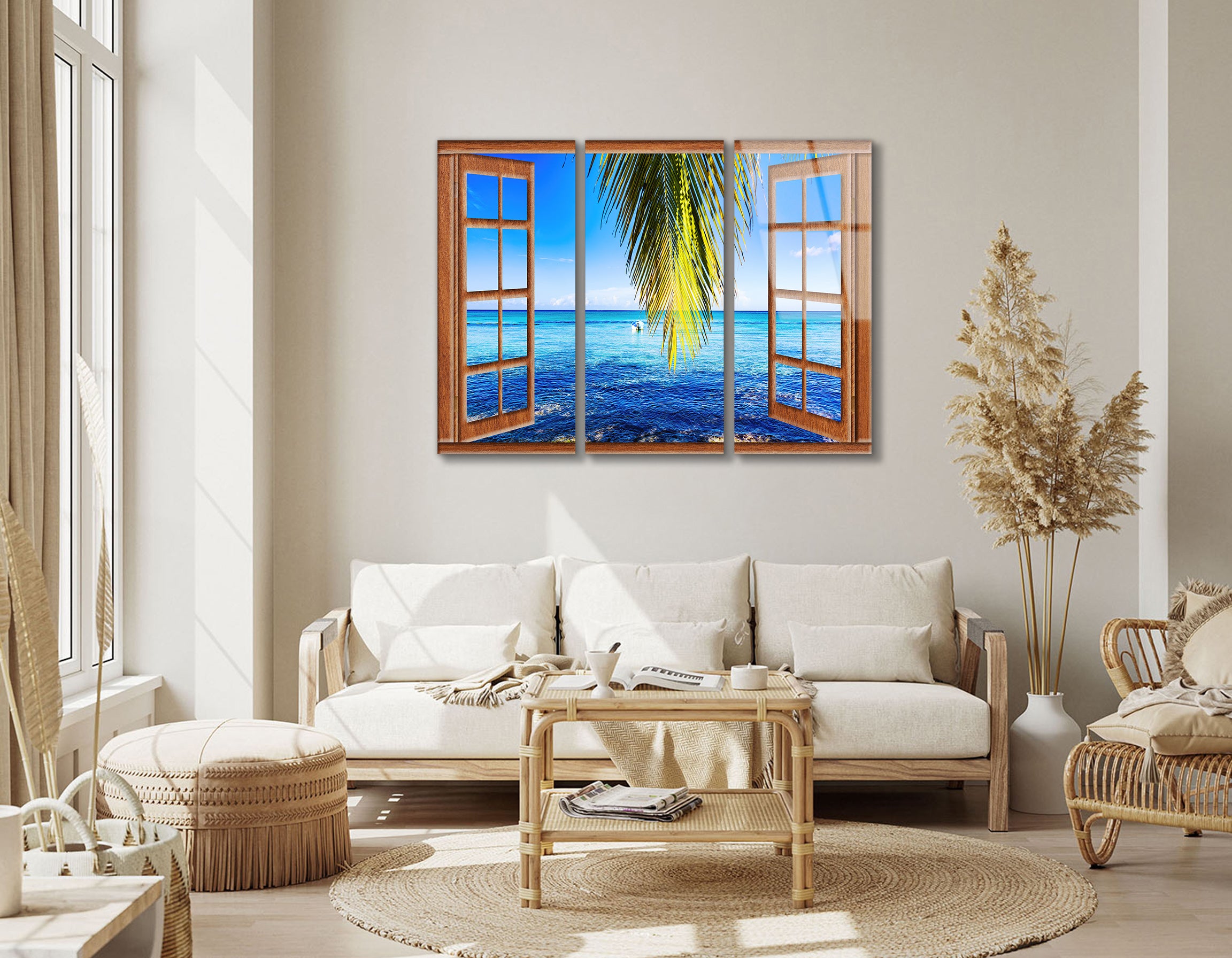 Mega Size Open Window View of the Sea Trio | Premium HD Metal Wall Art