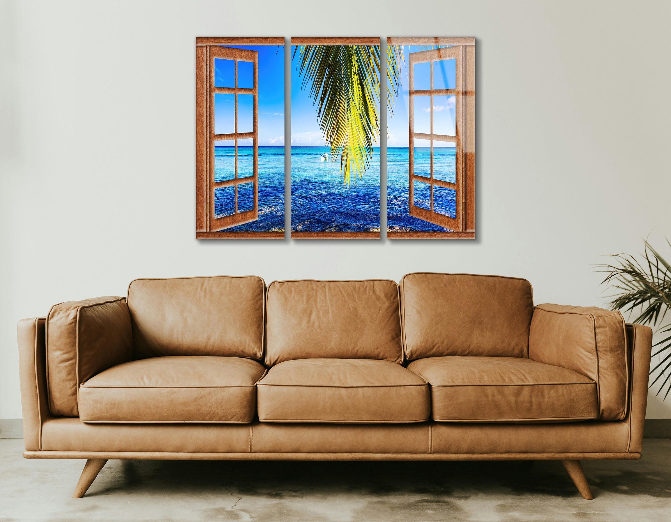 Mega Size Open Window View of the Sea Trio | Premium HD Metal Wall Art