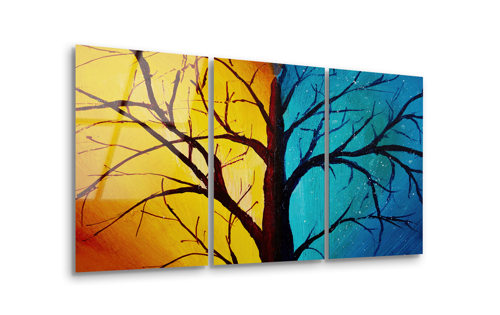 Mega Size Tree Against Backdrop of Day and Night Trio | Premium HD Metal Wall Art