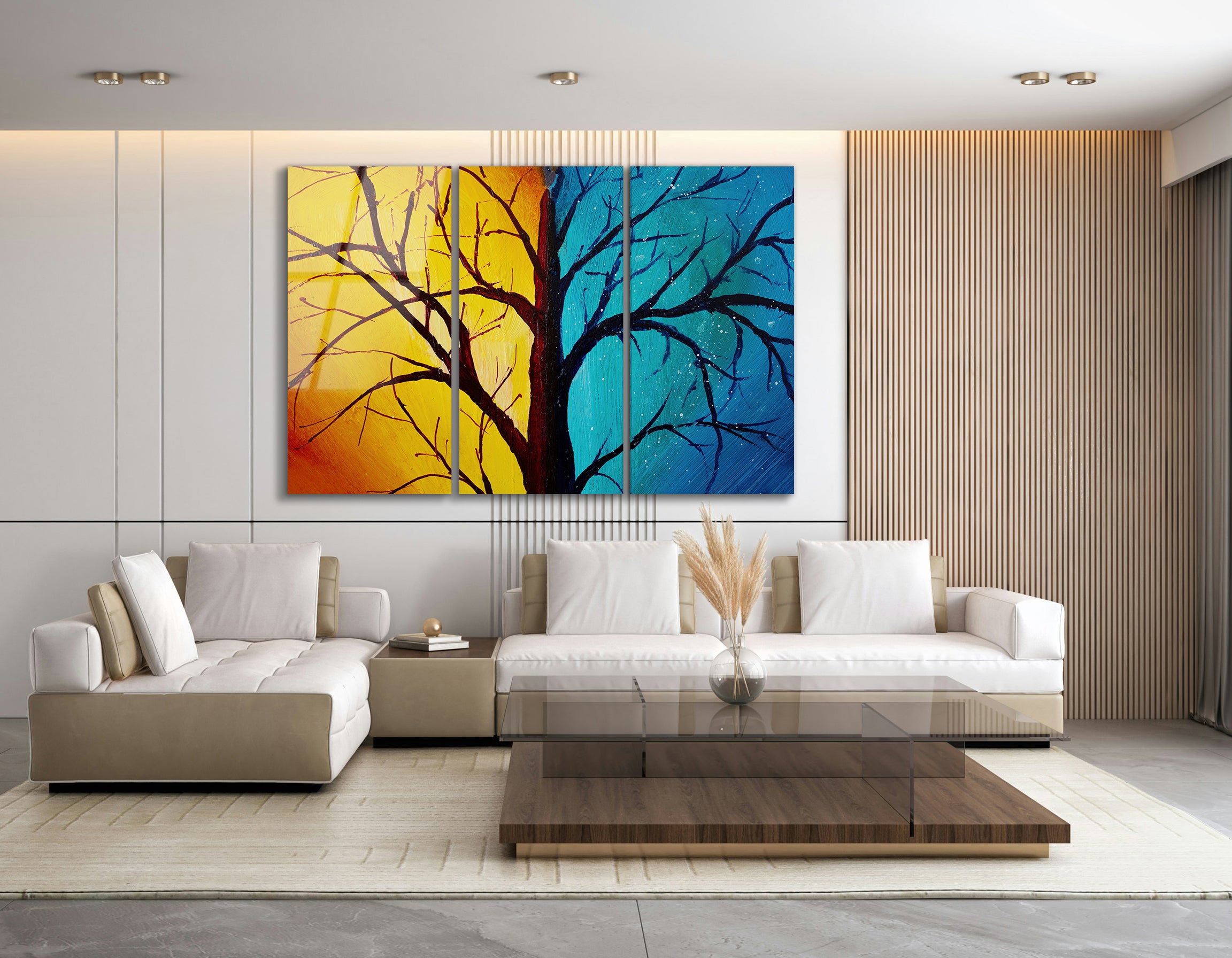 Mega Size Tree Against Backdrop of Day and Night Trio | Premium HD Metal Wall Art
