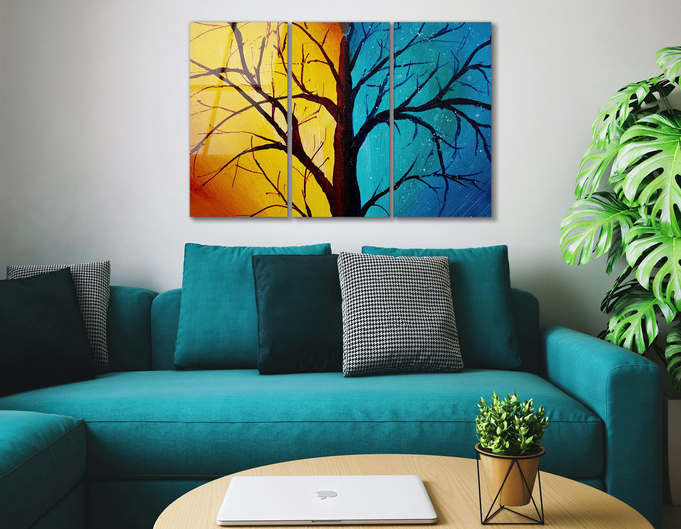 Mega Size Tree Against Backdrop of Day and Night Trio | Premium HD Metal Wall Art