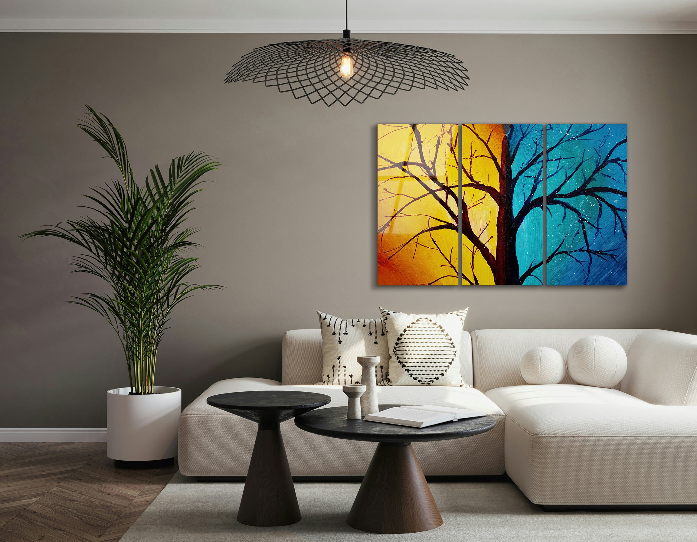 Mega Size Tree Against Backdrop of Day and Night Trio | Premium HD Metal Wall Art