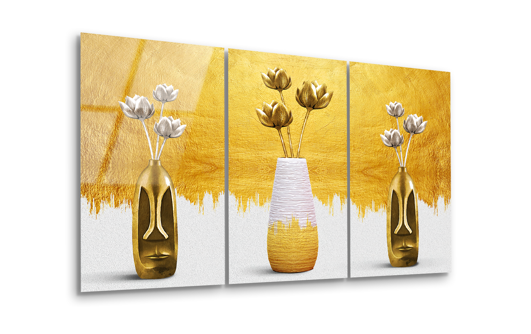 Mega Size Modern Gold Abstract Vase Trio | Premium HD Metal Wall Art