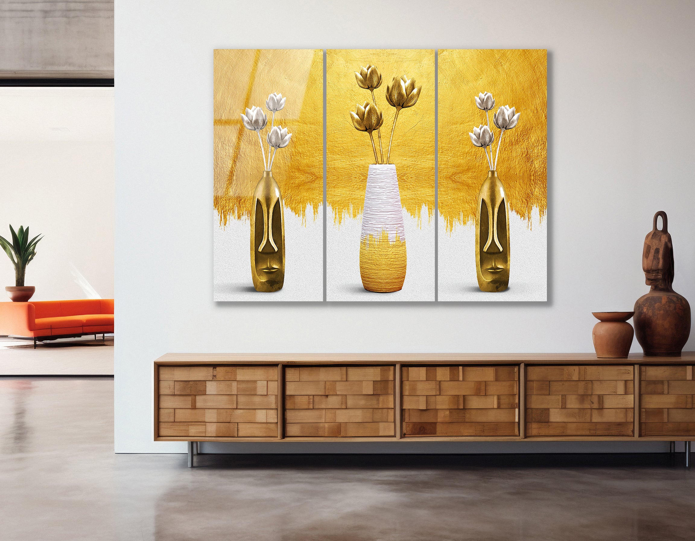 Mega Size Modern Gold Abstract Vase Trio | Premium HD Metal Wall Art