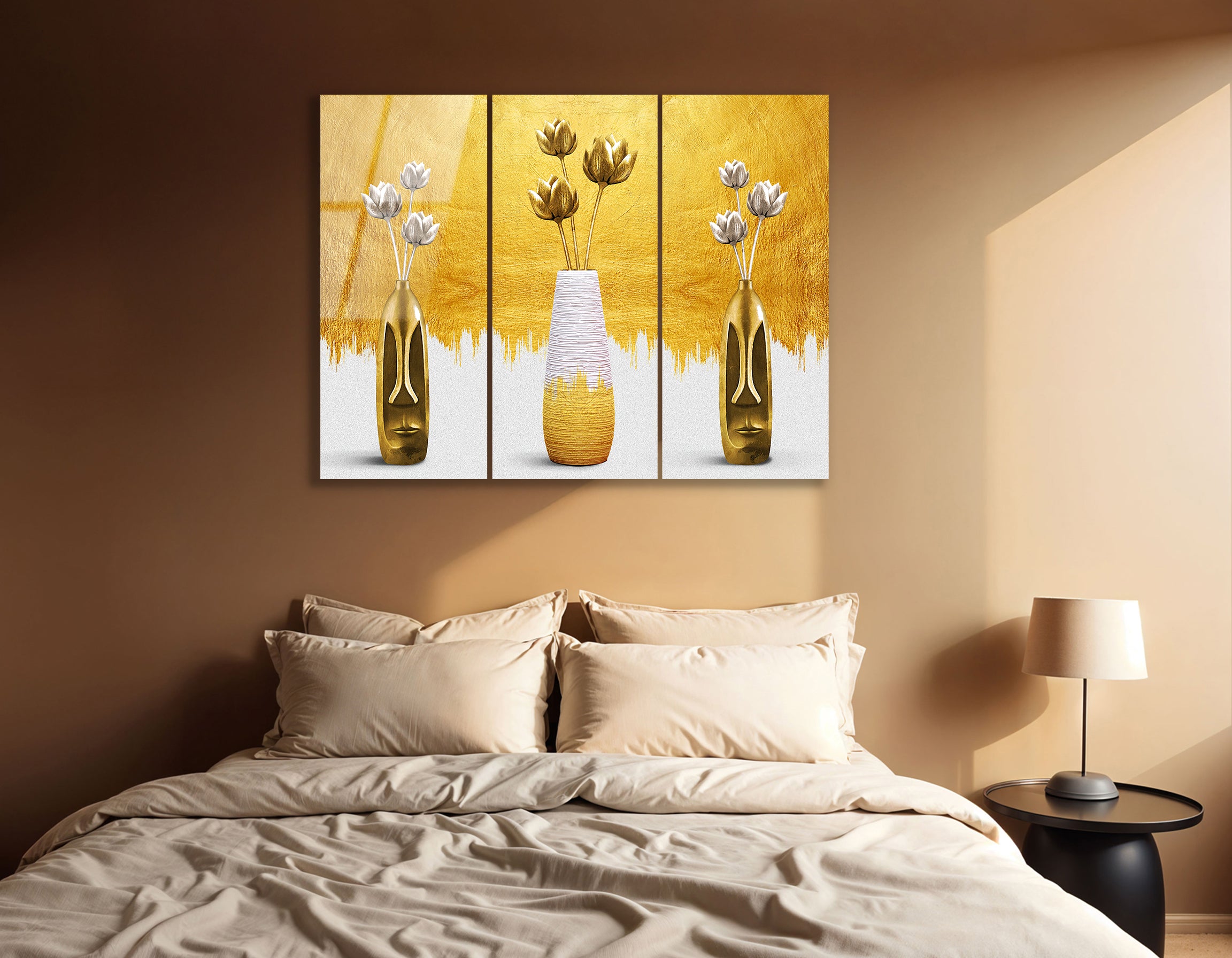 Mega Size Modern Gold Abstract Vase Trio | Premium HD Metal Wall Art