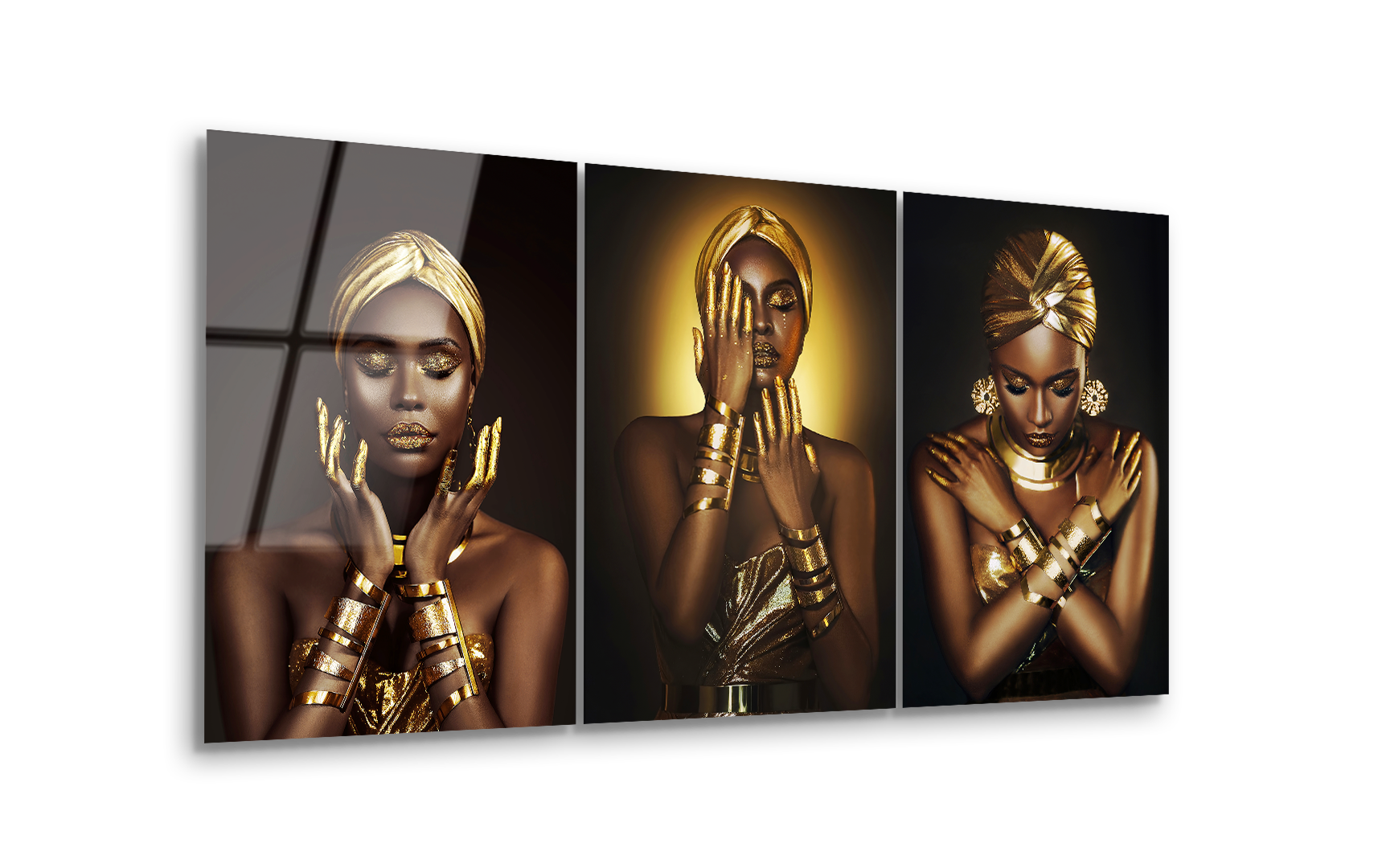 Mega Size Golden African Beauty Trio | Premium HD Metal Wall Art