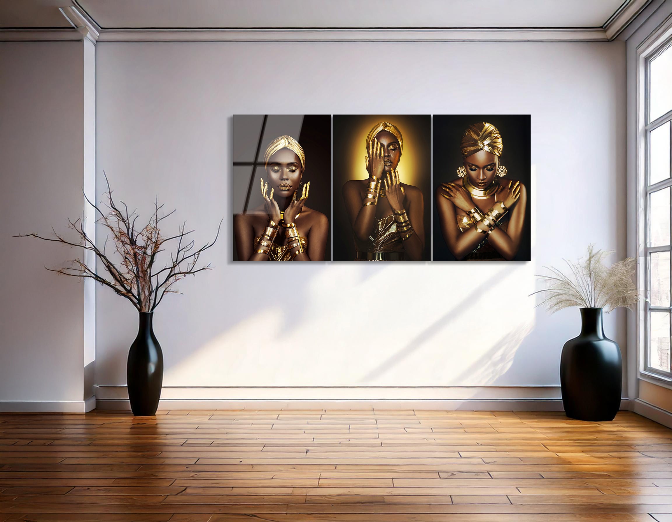 Mega Size Golden African Beauty Trio | Premium HD Metal Wall Art