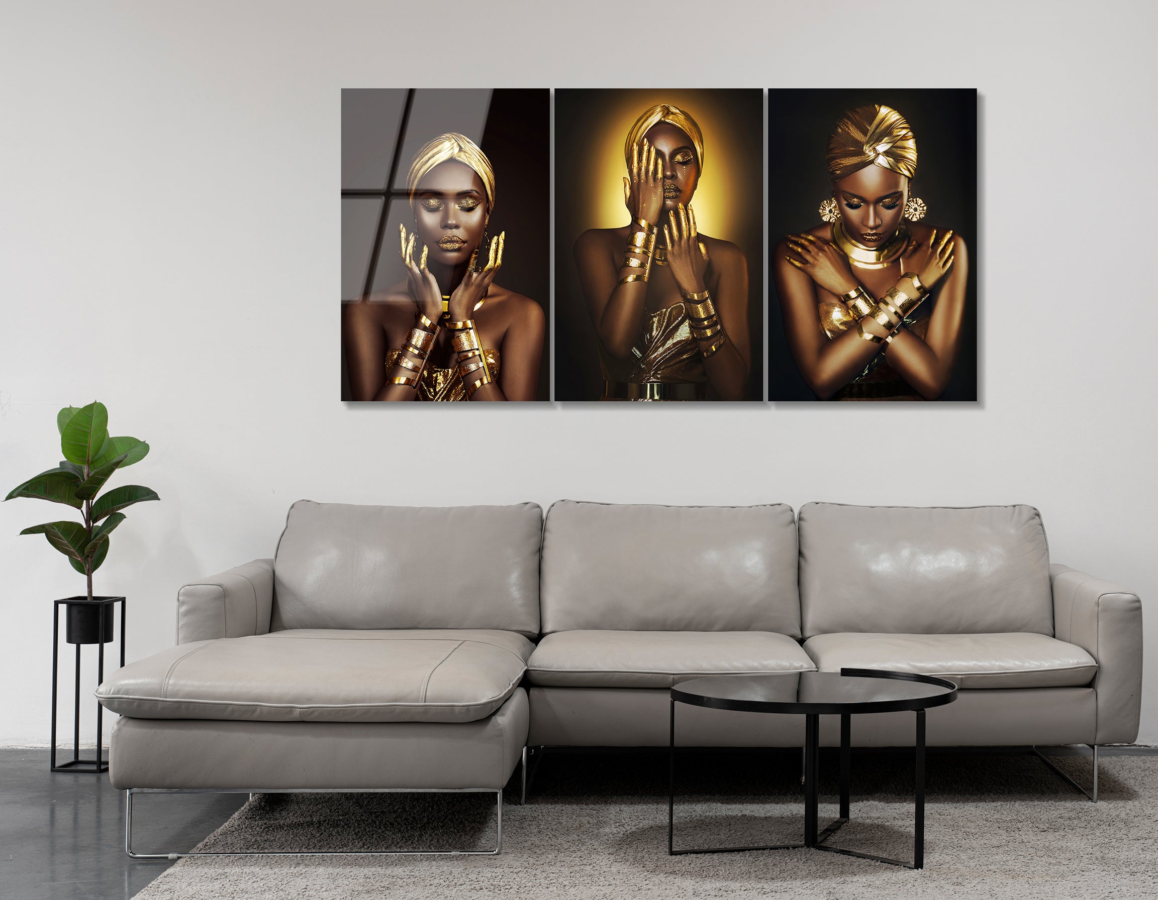 Mega Size Golden African Beauty Trio | Premium HD Metal Wall Art
