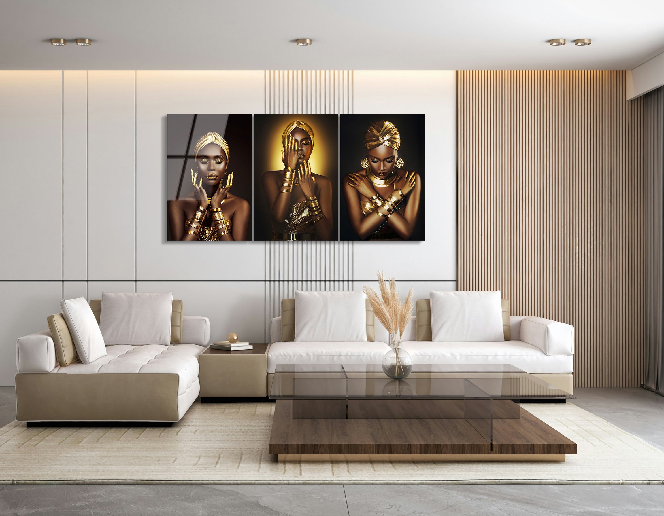 Mega Size Golden African Beauty Trio | Premium HD Metal Wall Art