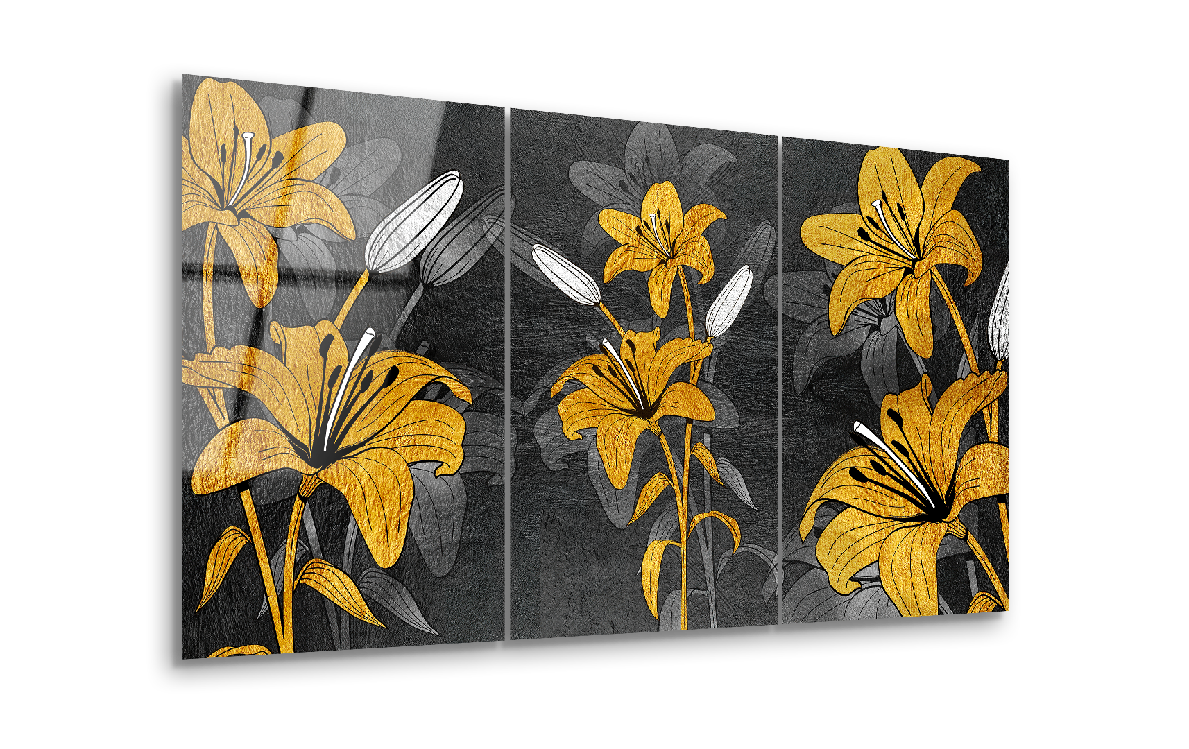 Mega Size Modern Gold Abstract Flower Trio | Premium HD Metal Wall Art