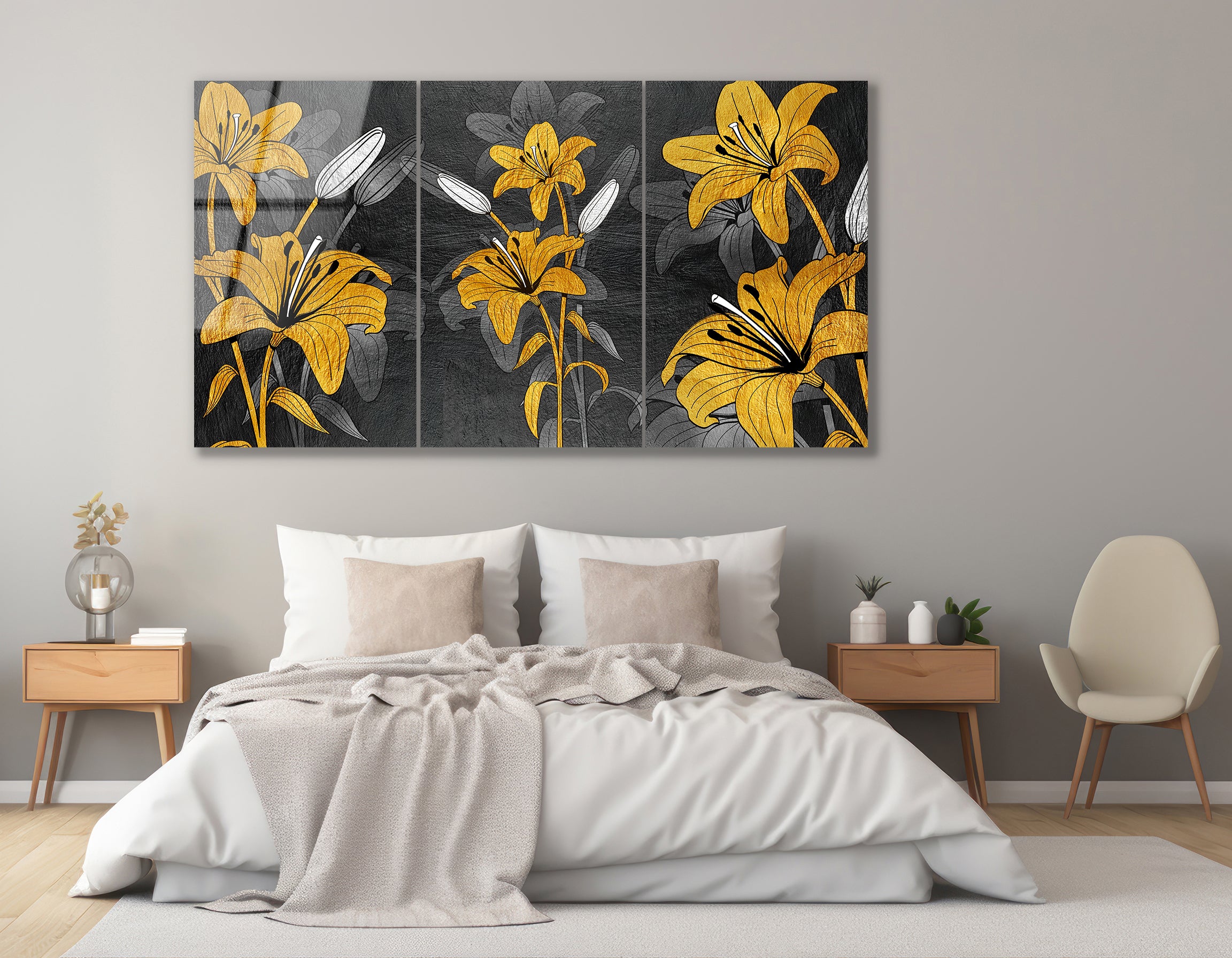 Mega Size Modern Gold Abstract Flower Trio | Premium HD Metal Wall Art