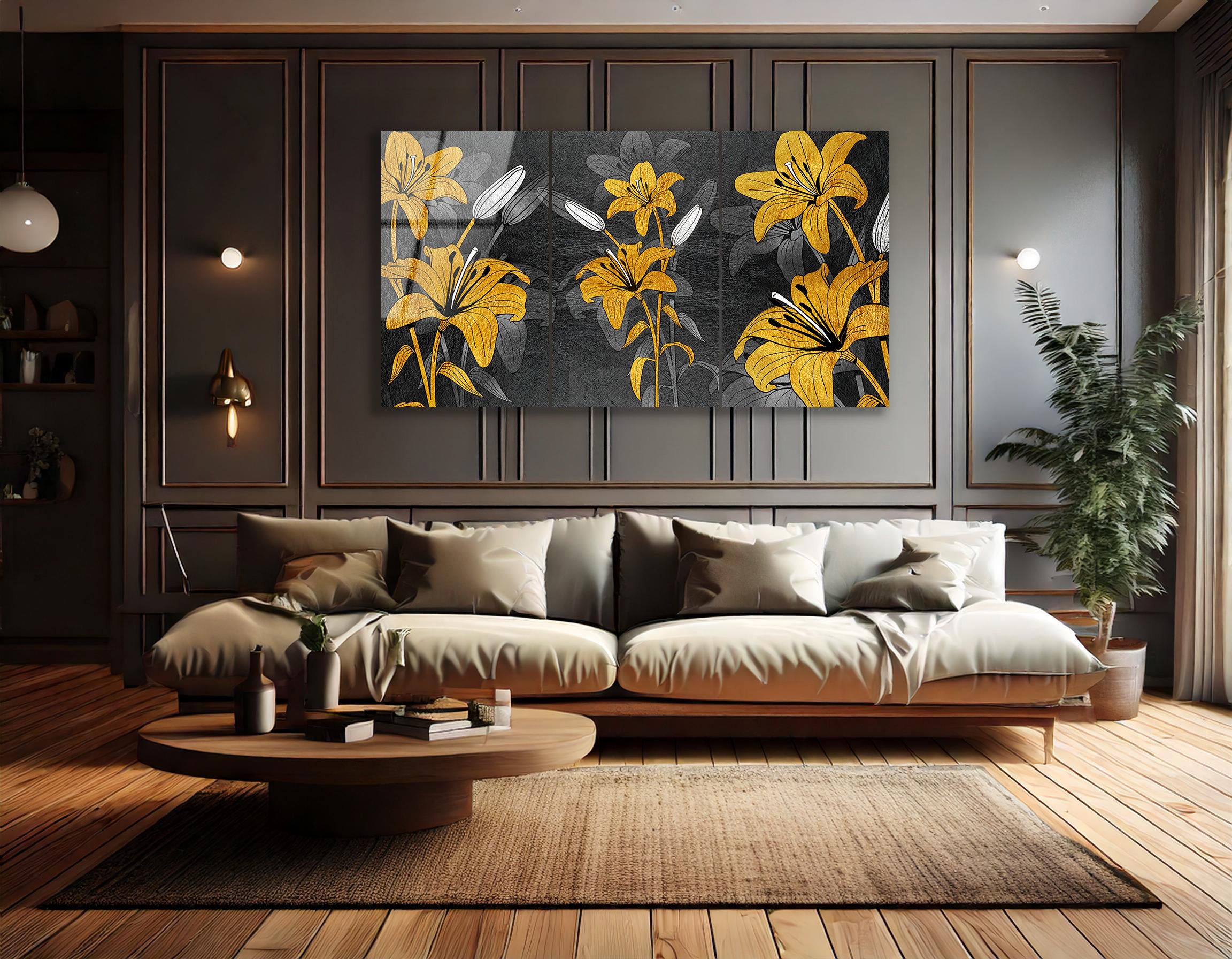 Mega Size Modern Gold Abstract Flower Trio | Premium HD Metal Wall Art