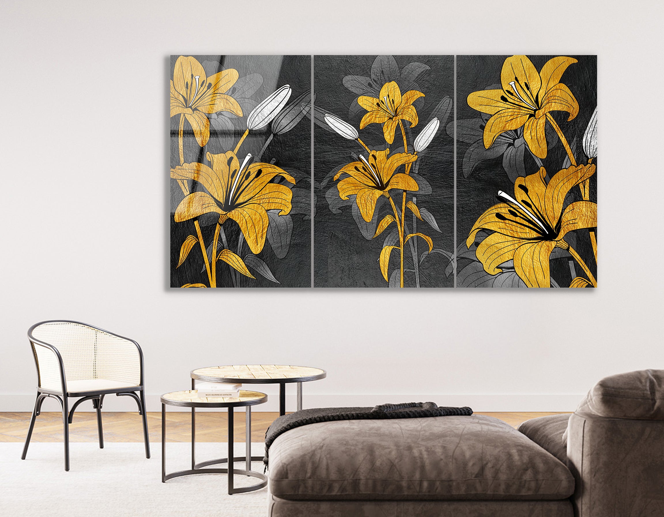 Mega Size Modern Gold Abstract Flower Trio | Premium HD Metal Wall Art