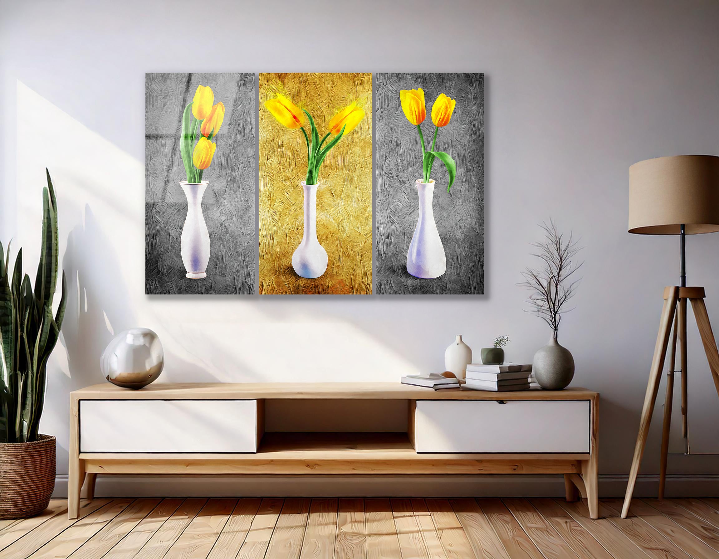 Mega Size Modern Gold Vase Trio | Premium HD Metal Wall Art