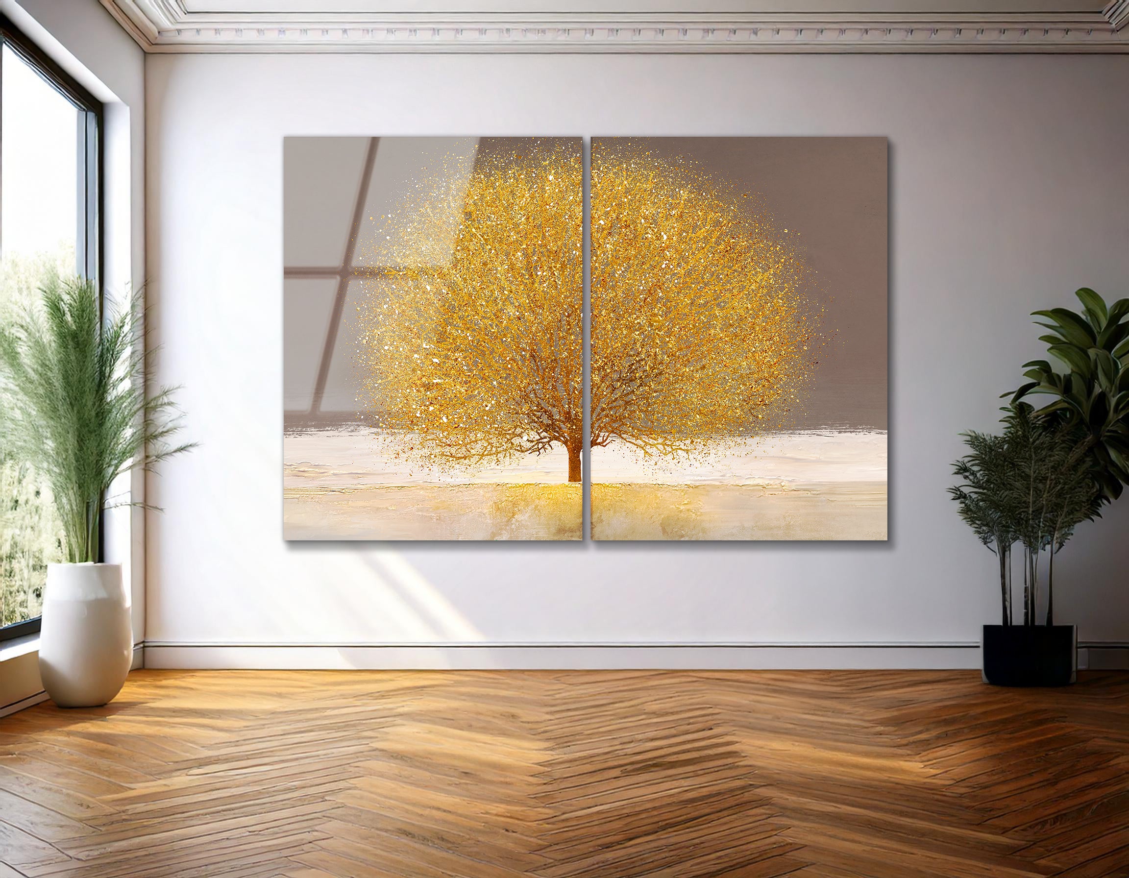 Mega Size Modern Beautiful Gold Tree Duo | Premium HD Metal Wall Art