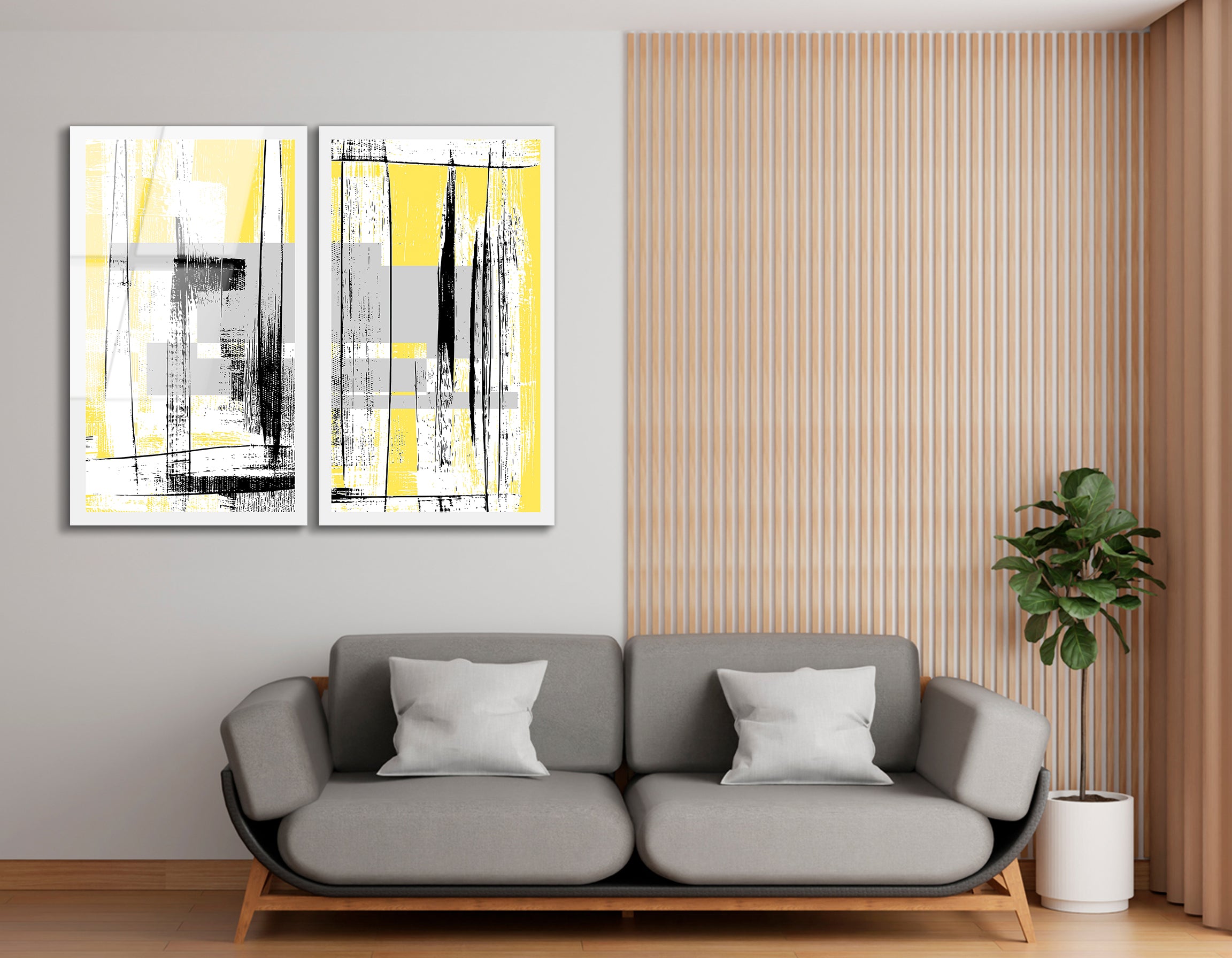 Mega Size Modern Abstract Yellow Grunge Duo | Premium HD Metal Wall Art