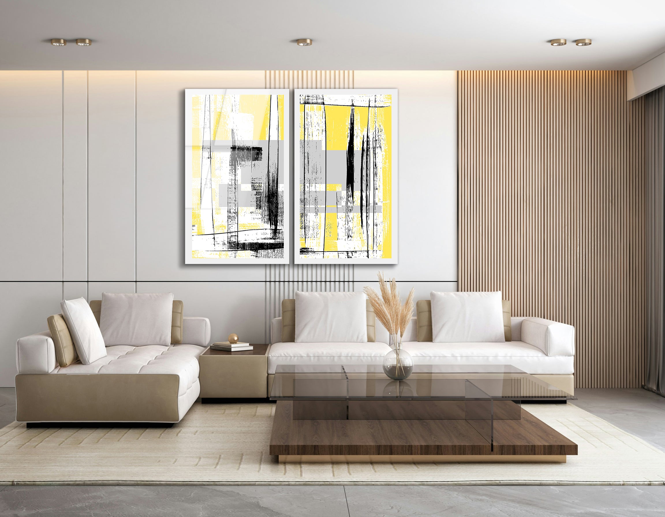 Mega Size Modern Abstract Yellow Grunge Duo | Premium HD Metal Wall Art