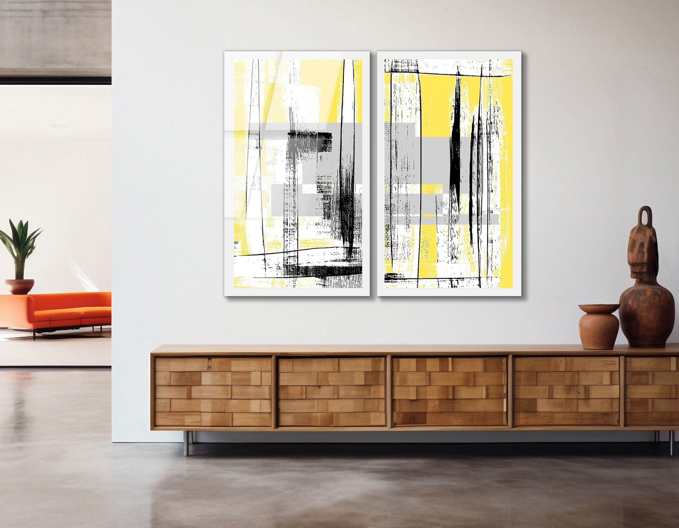 Mega Size Modern Abstract Yellow Grunge Duo | Premium HD Metal Wall Art