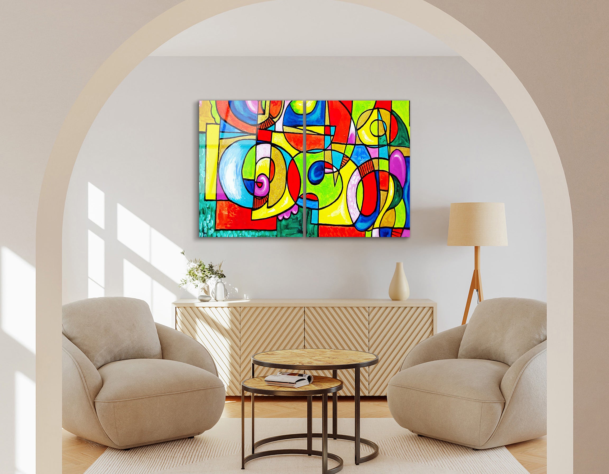Mega Size Modern Oil Painting Abstract Geometric Shape Duo | Premium HD Metal Wall Art