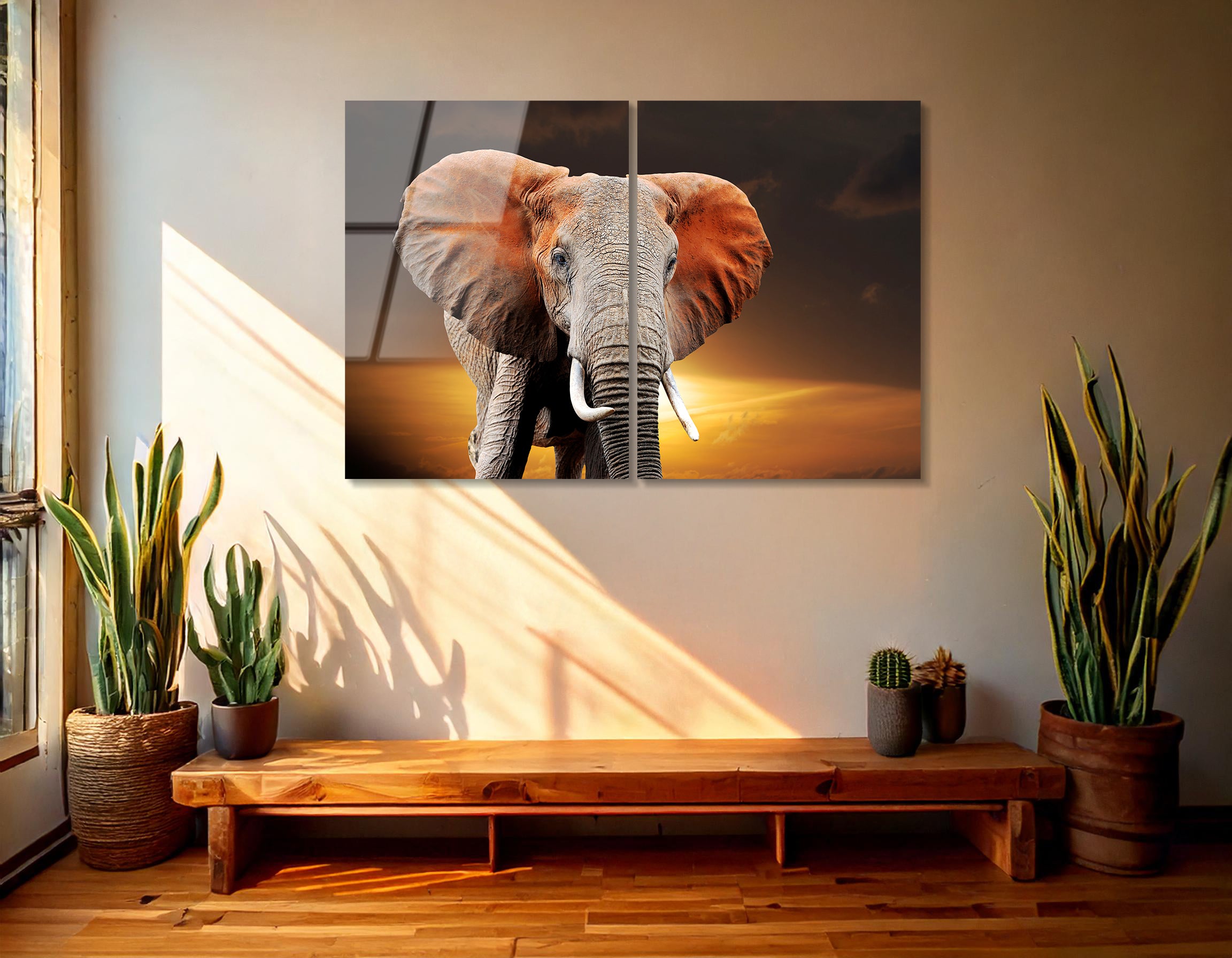 Mega Size Elephant on Sunset National Park Kenya Duo | Premium HD Metal Wall Art