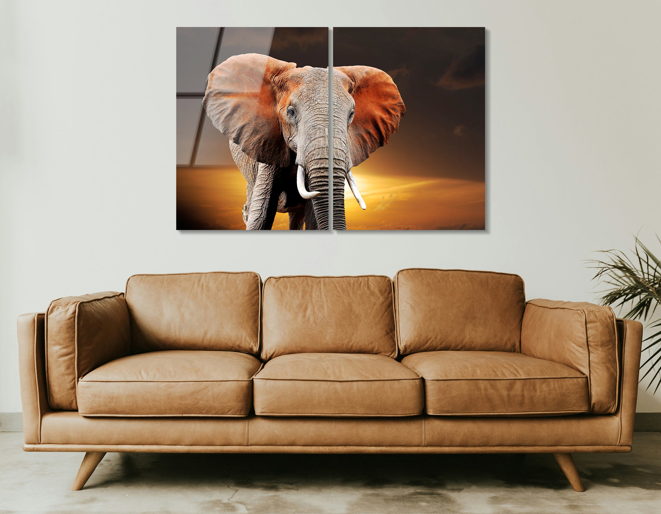Mega Size Elephant on Sunset National Park Kenya Duo | Premium HD Metal Wall Art
