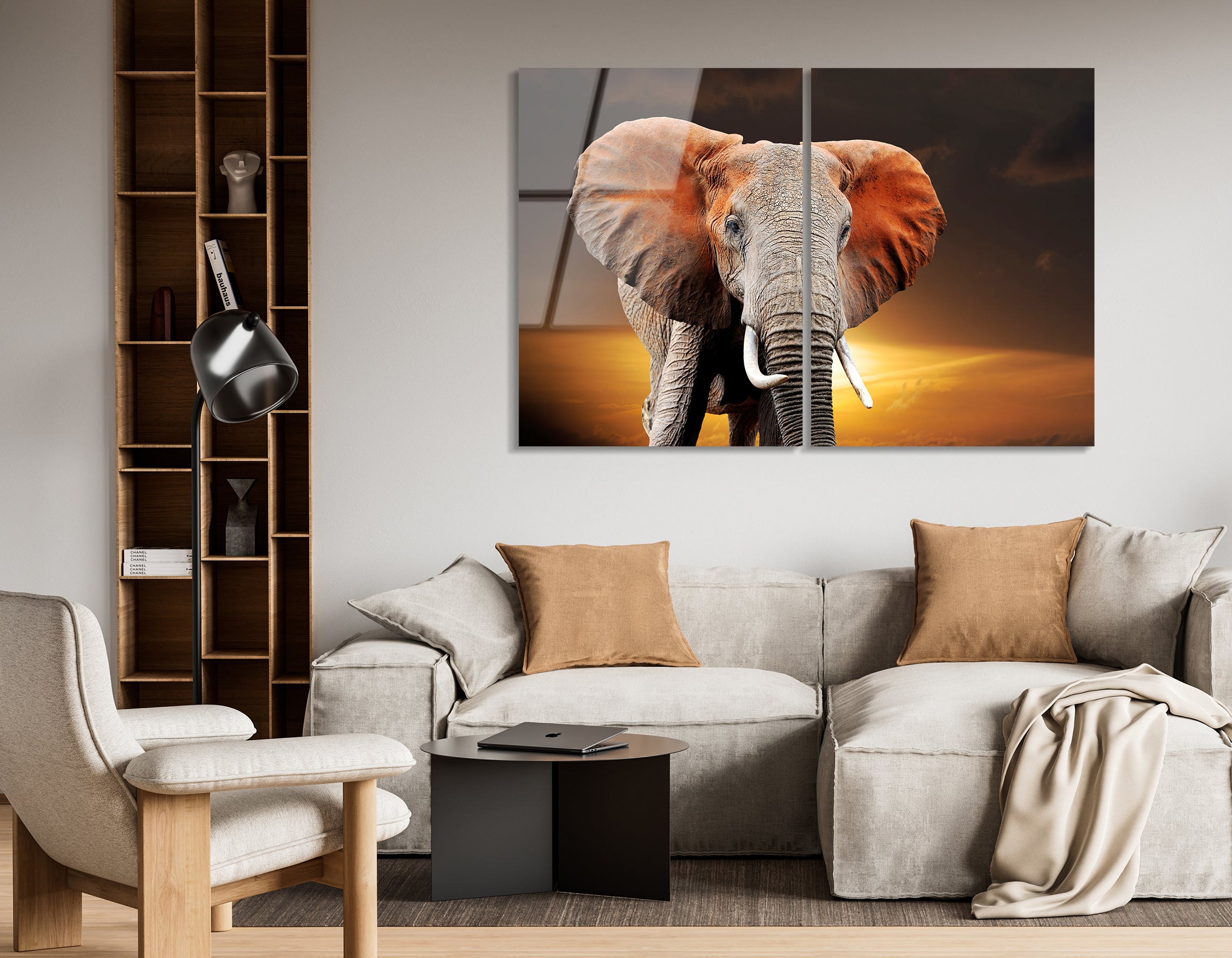Mega Size Elephant on Sunset National Park Kenya Duo | Premium HD Metal Wall Art