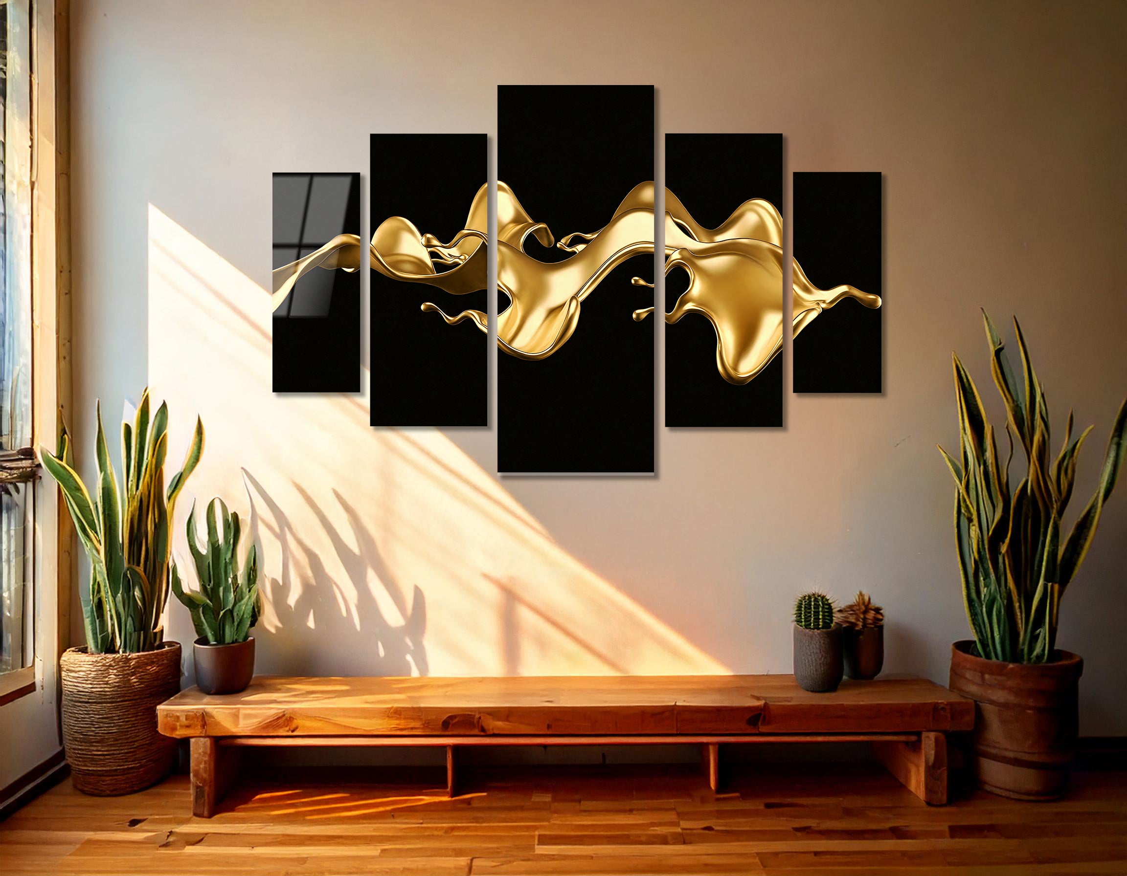 Mega Size Penta Liquid Gold Flow | Premium HD Metal Wall Art
