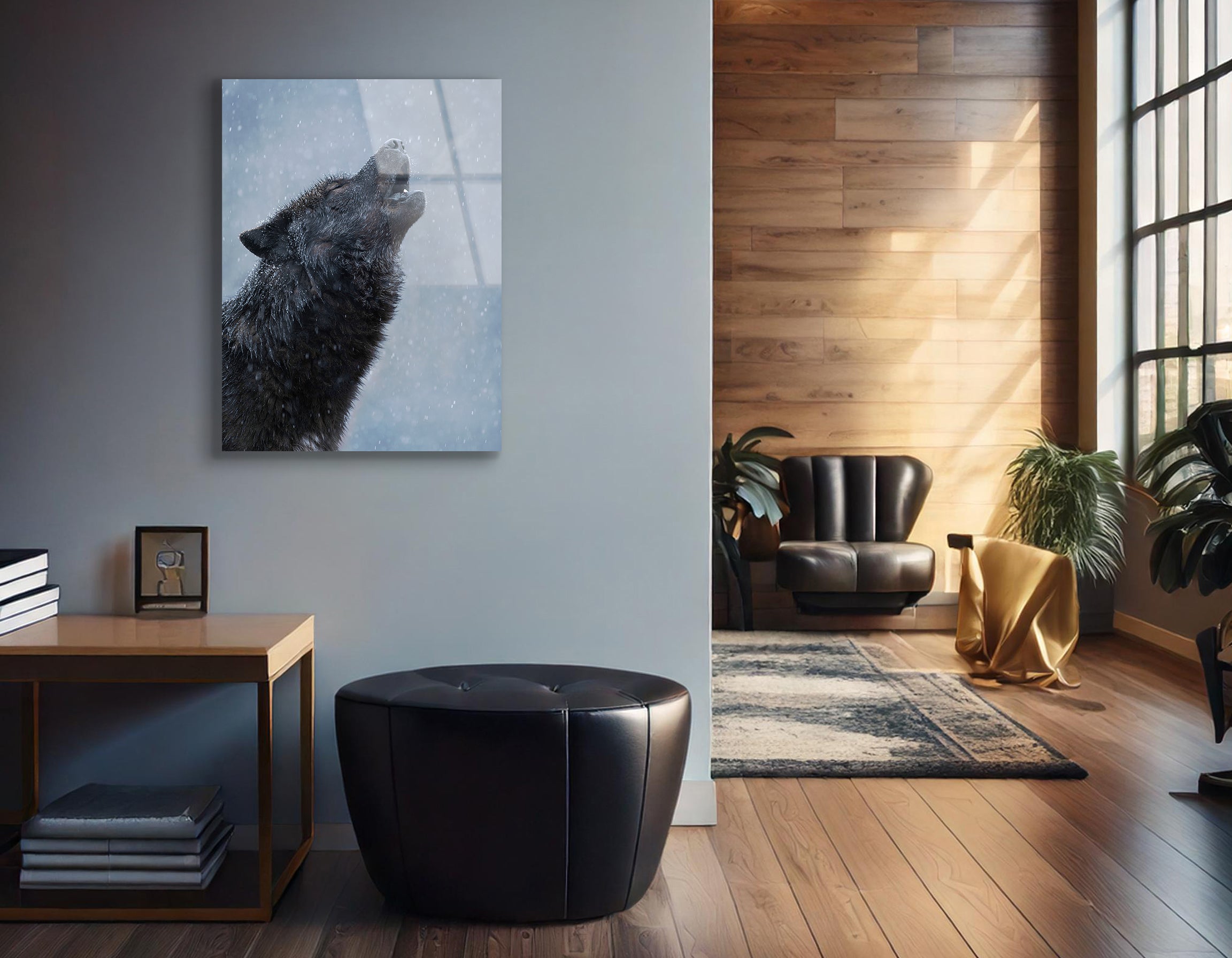 Howling Black Canadian Wolf in Winter | Premium HD Metal Wall Art