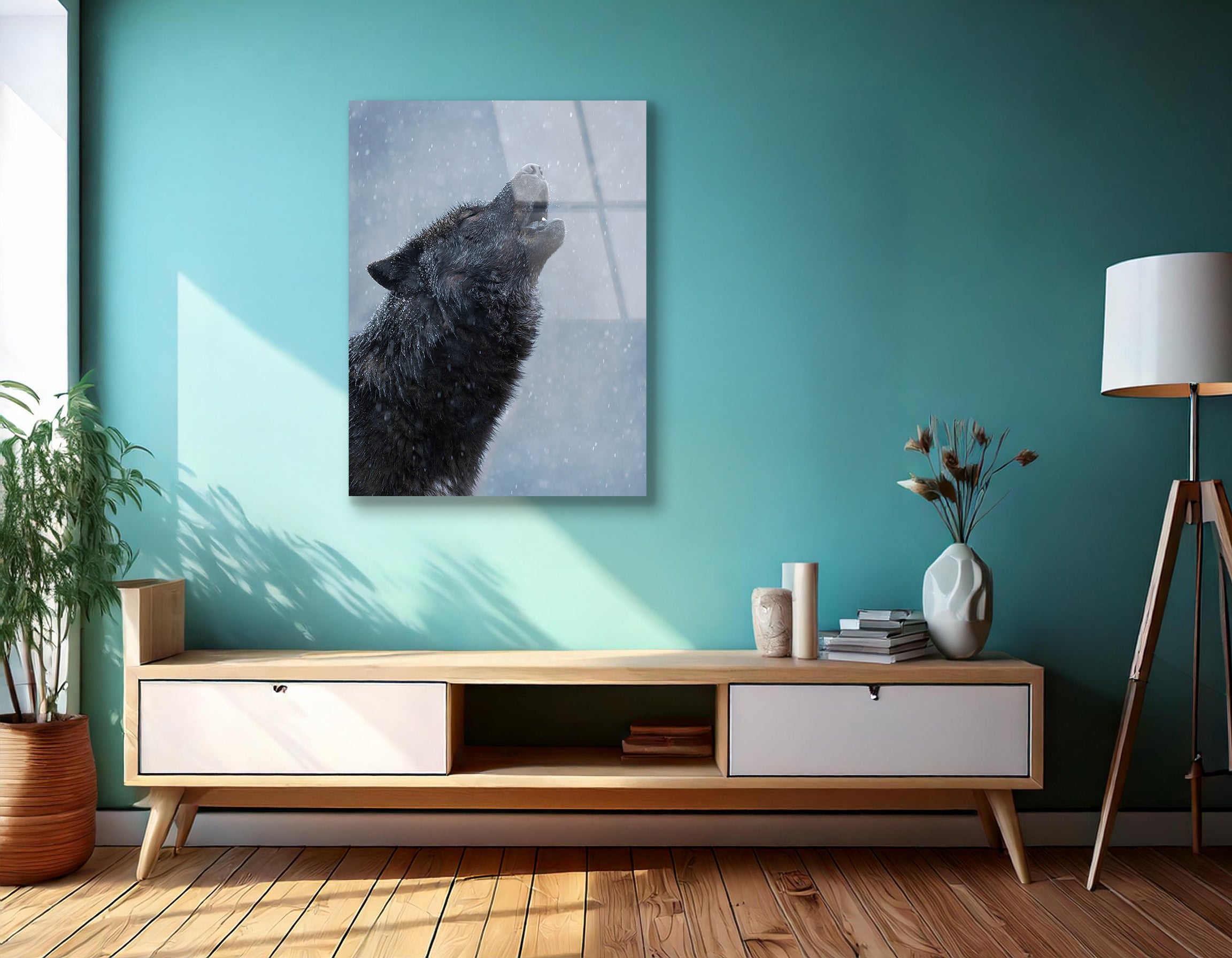 Howling Black Canadian Wolf in Winter | Premium HD Metal Wall Art