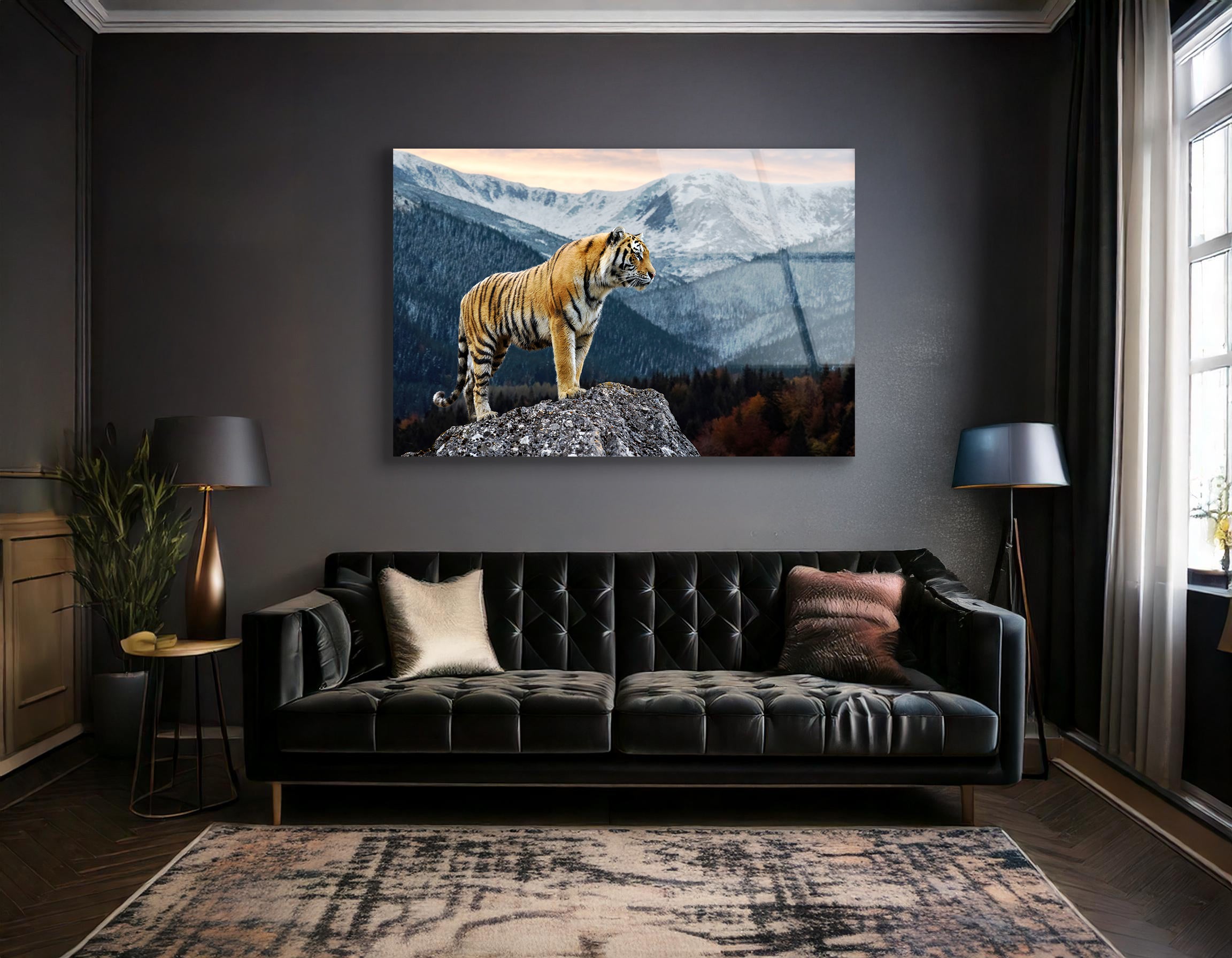 Tiger on Rock Against Winter Landscape | Premium HD Metal Wall Art