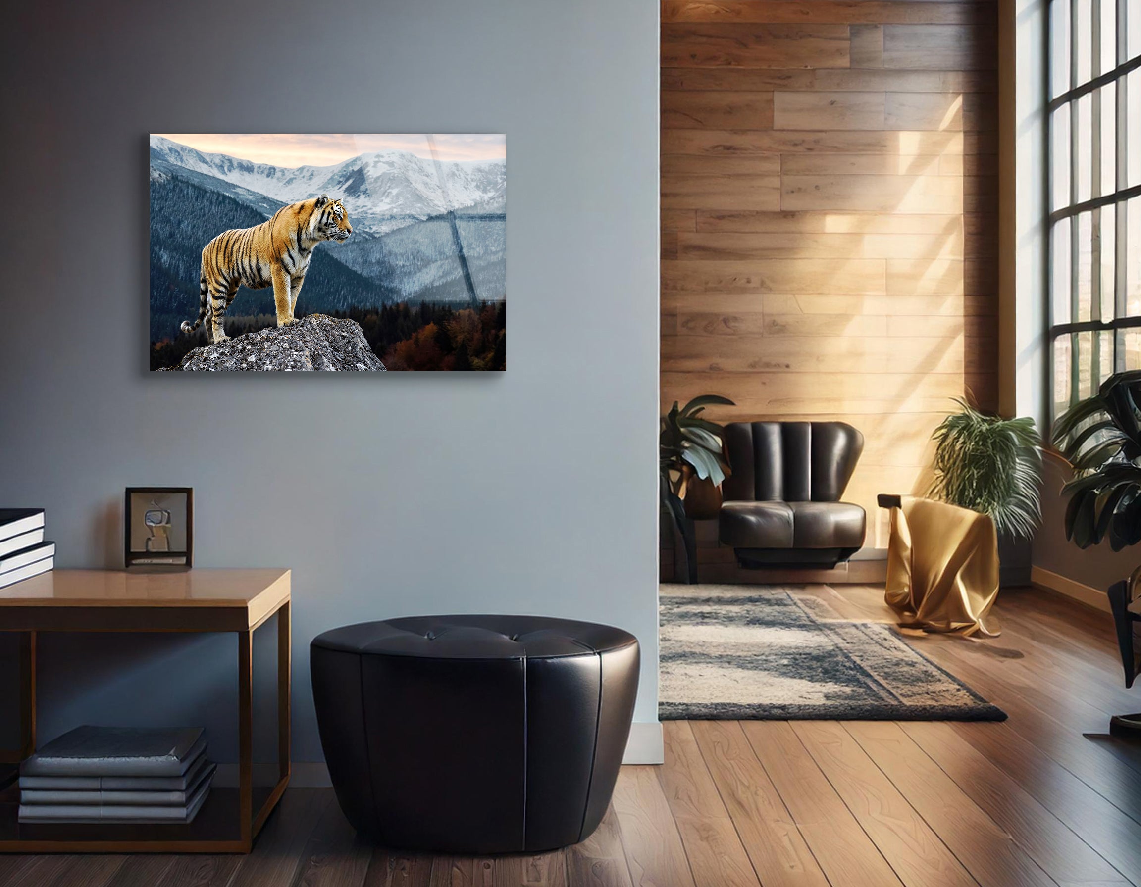 Tiger on Rock Against Winter Landscape | Premium HD Metal Wall Art