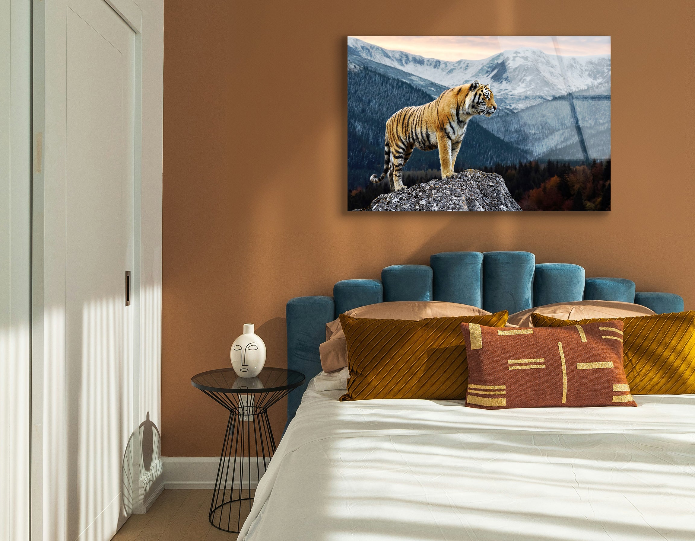 Tiger on Rock Against Winter Landscape | Premium HD Metal Wall Art