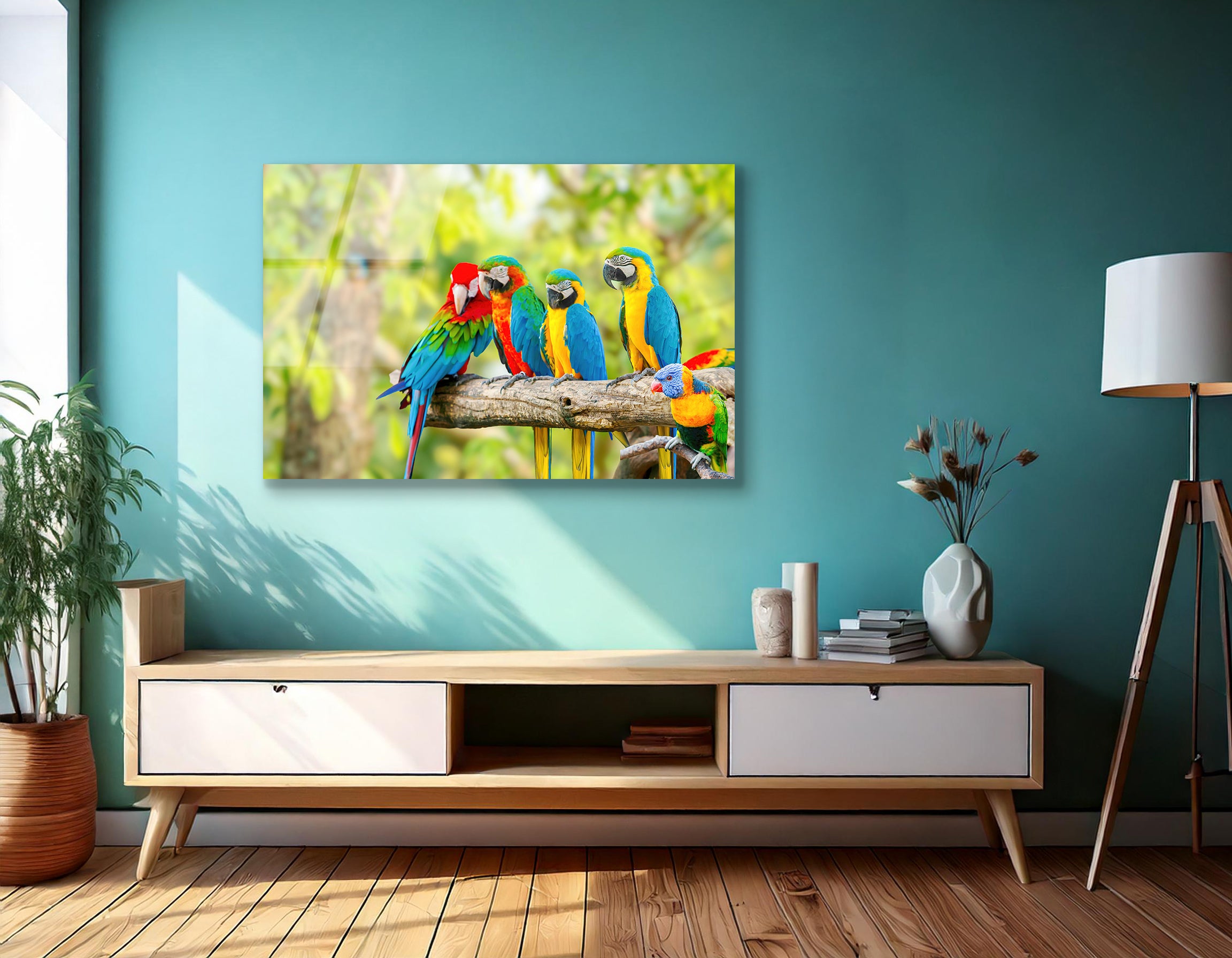 Parrots on Perch | Premium HD Metal Wall Art