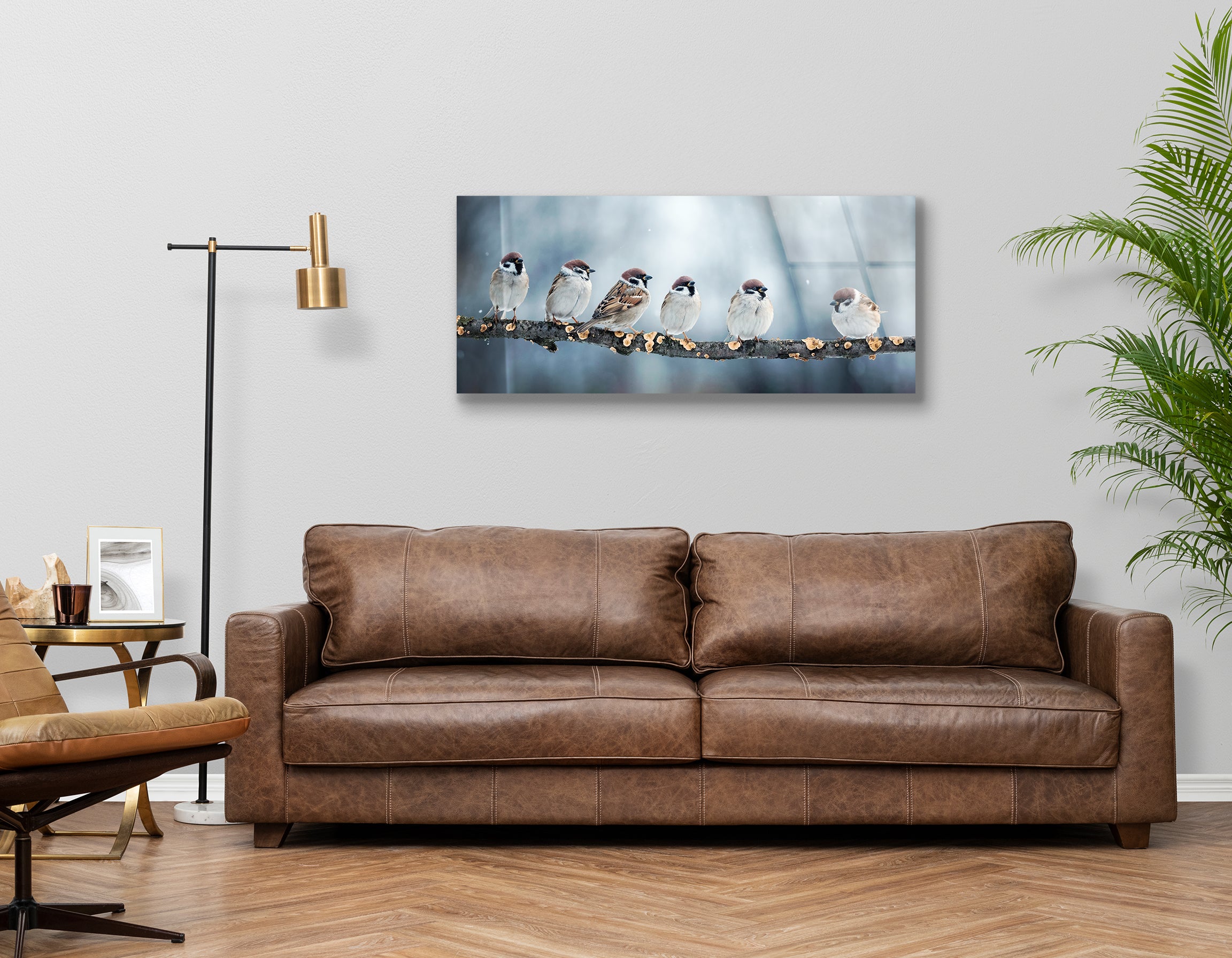 Group of Funny Sparrows on a Branch | Premium HD Metal Wall Art