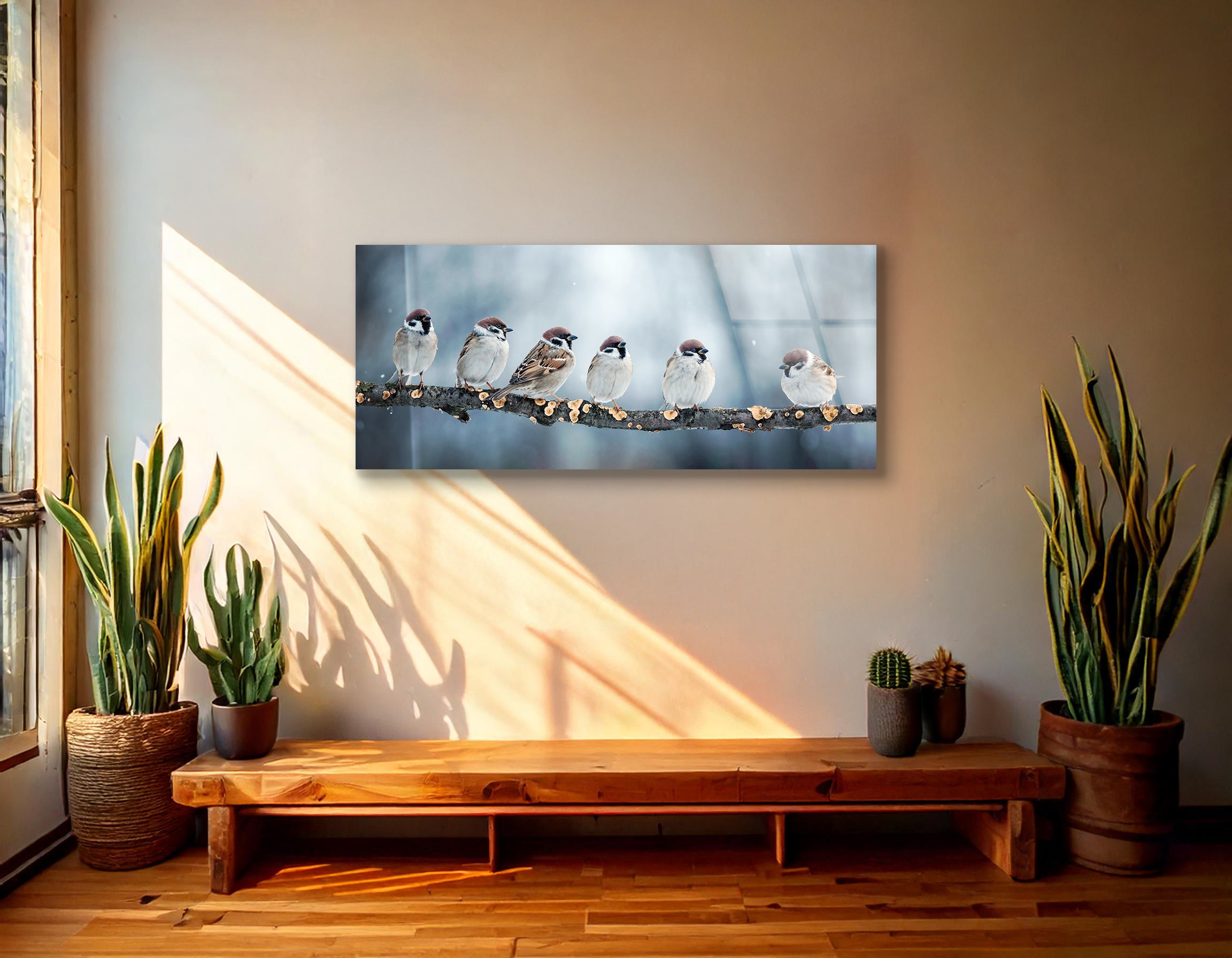 Group of Funny Sparrows on a Branch | Premium HD Metal Wall Art