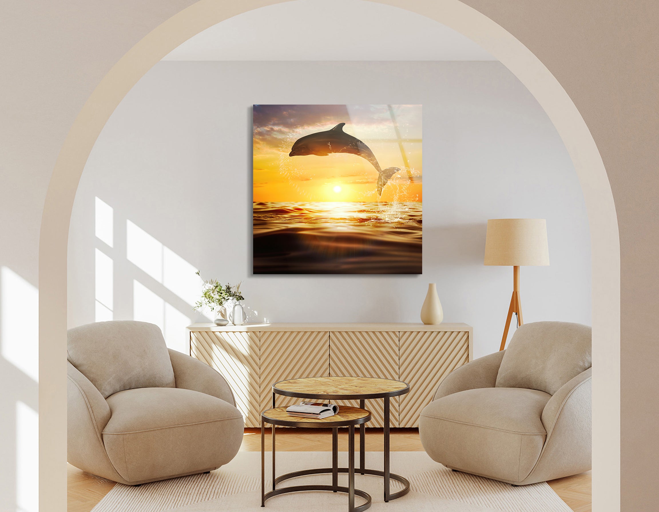 Bottlenose Dolphin Jumping at Sunset | Premium HD Metal Wall Art