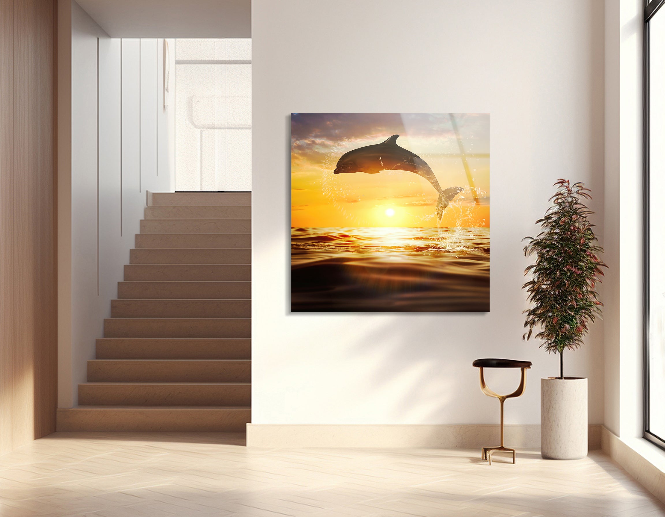 Bottlenose Dolphin Jumping at Sunset | Premium HD Metal Wall Art