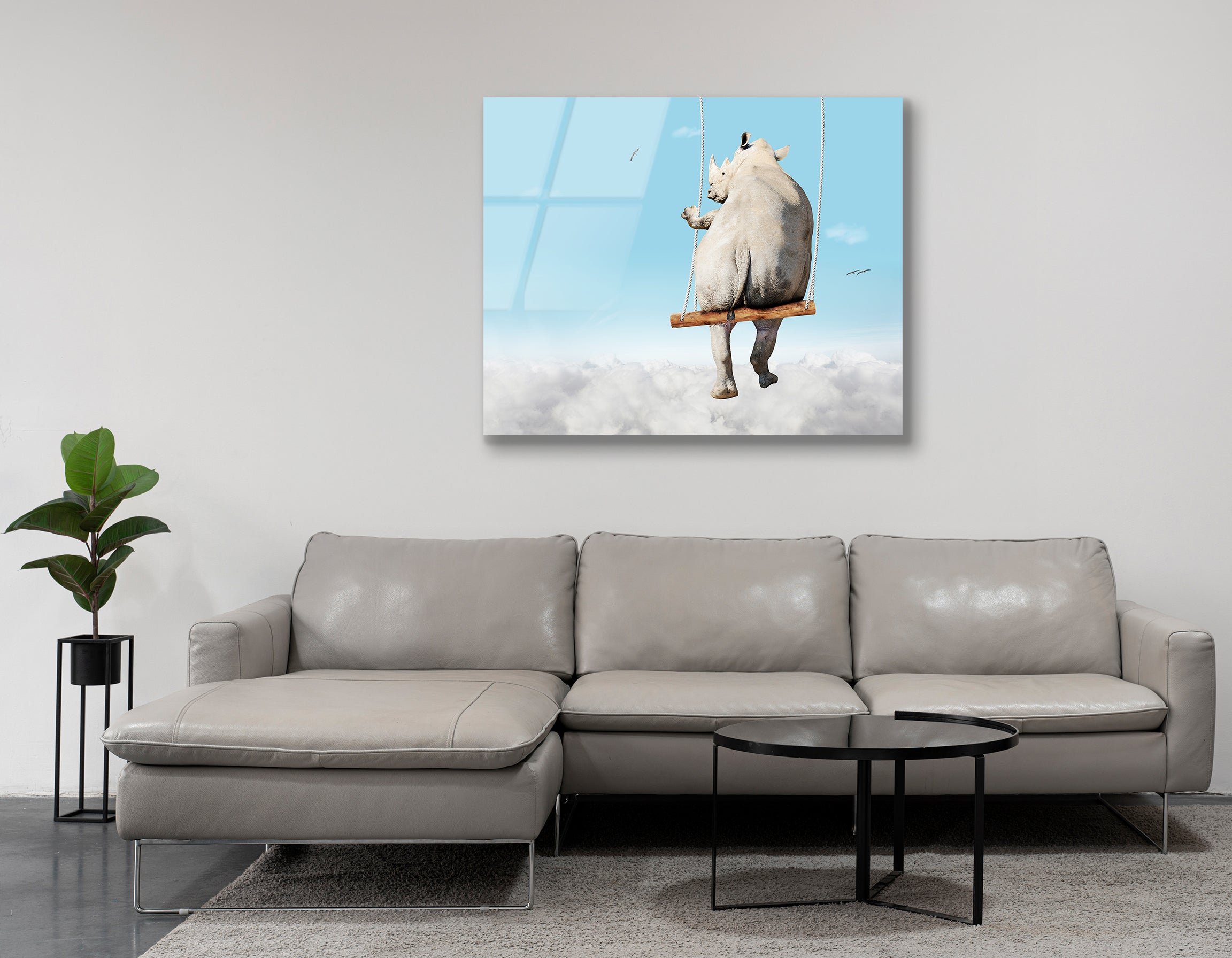 Rhino Swinging on a Swing Bar | Premium HD Metal Wall Art