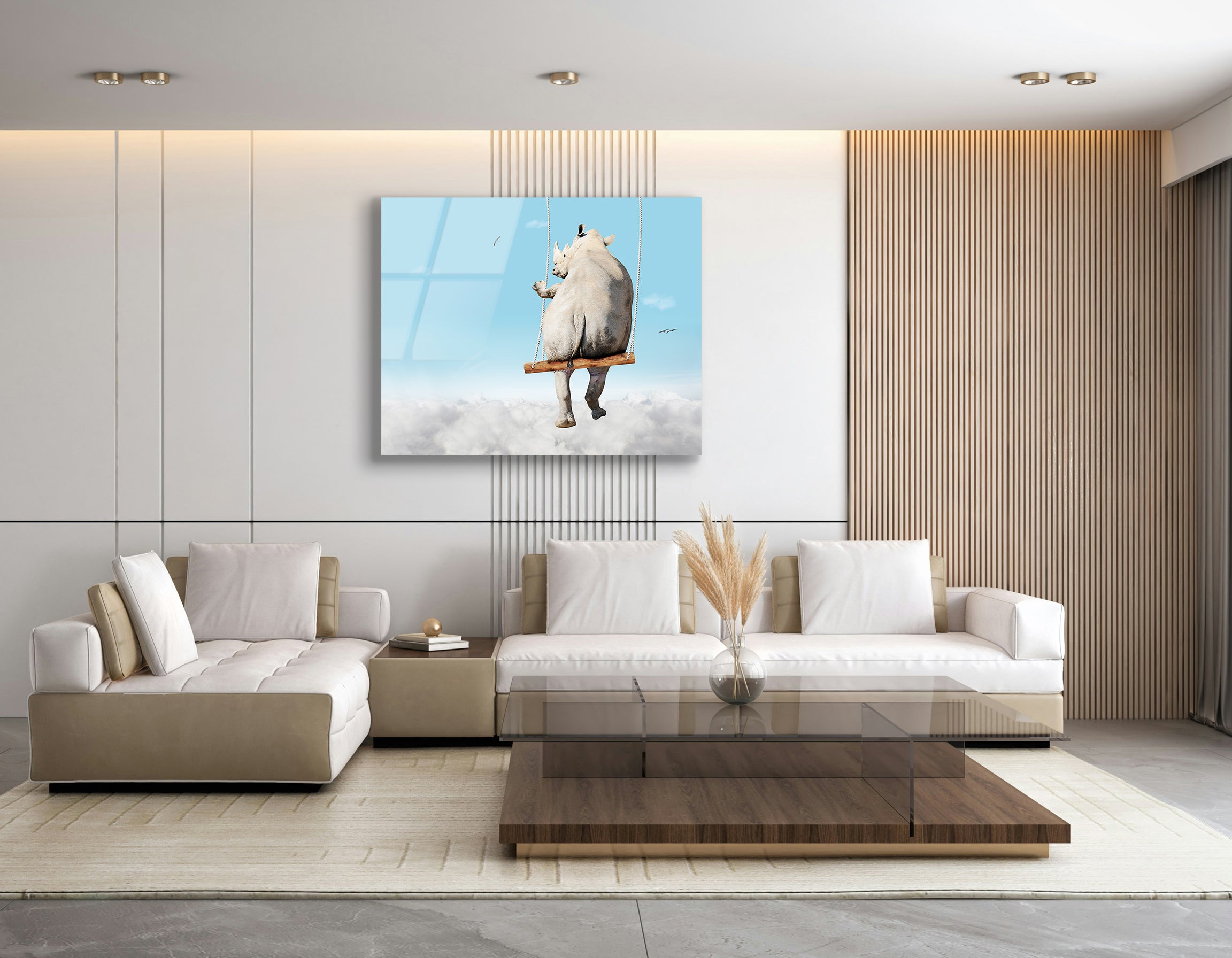 Rhino Swinging on a Swing Bar | Premium HD Metal Wall Art