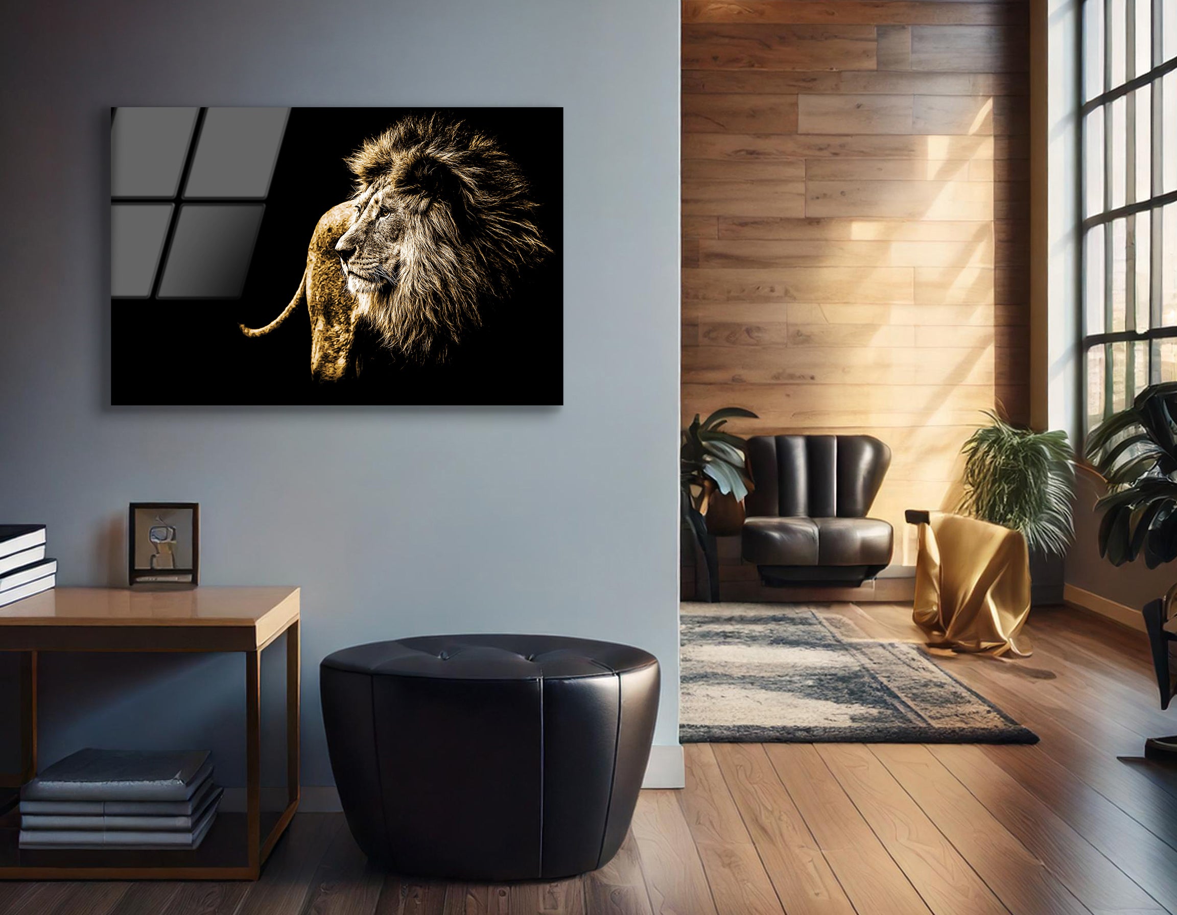 Lion Portrait in Bright Golden Colors | Premium HD Metal Wall Art