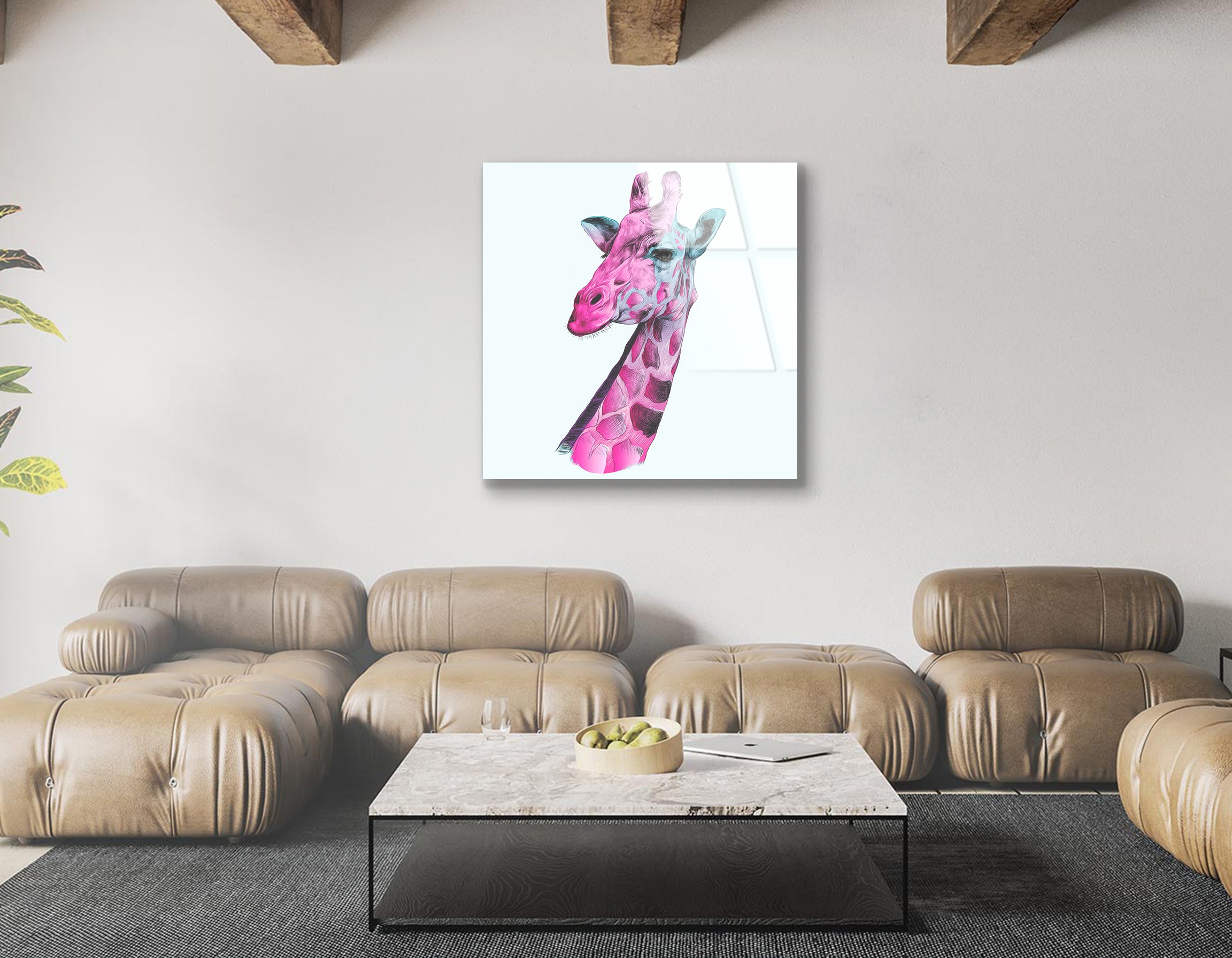 Giraffe Head Sketch in Pink and Blue | Premium HD Metal Wall Art