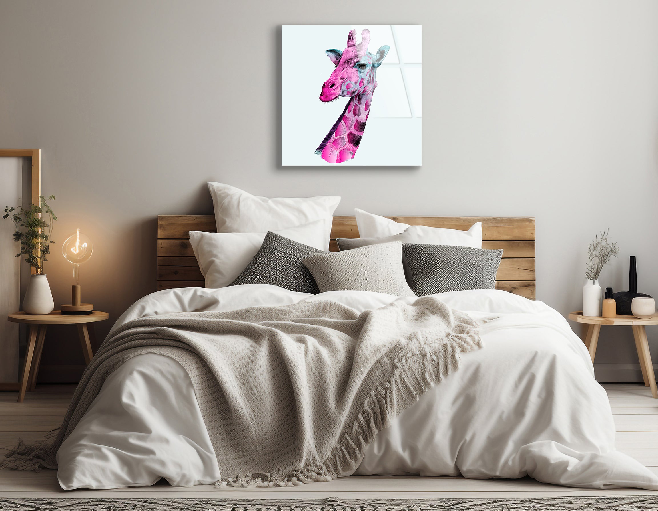 Giraffe Head Sketch in Pink and Blue | Premium HD Metal Wall Art