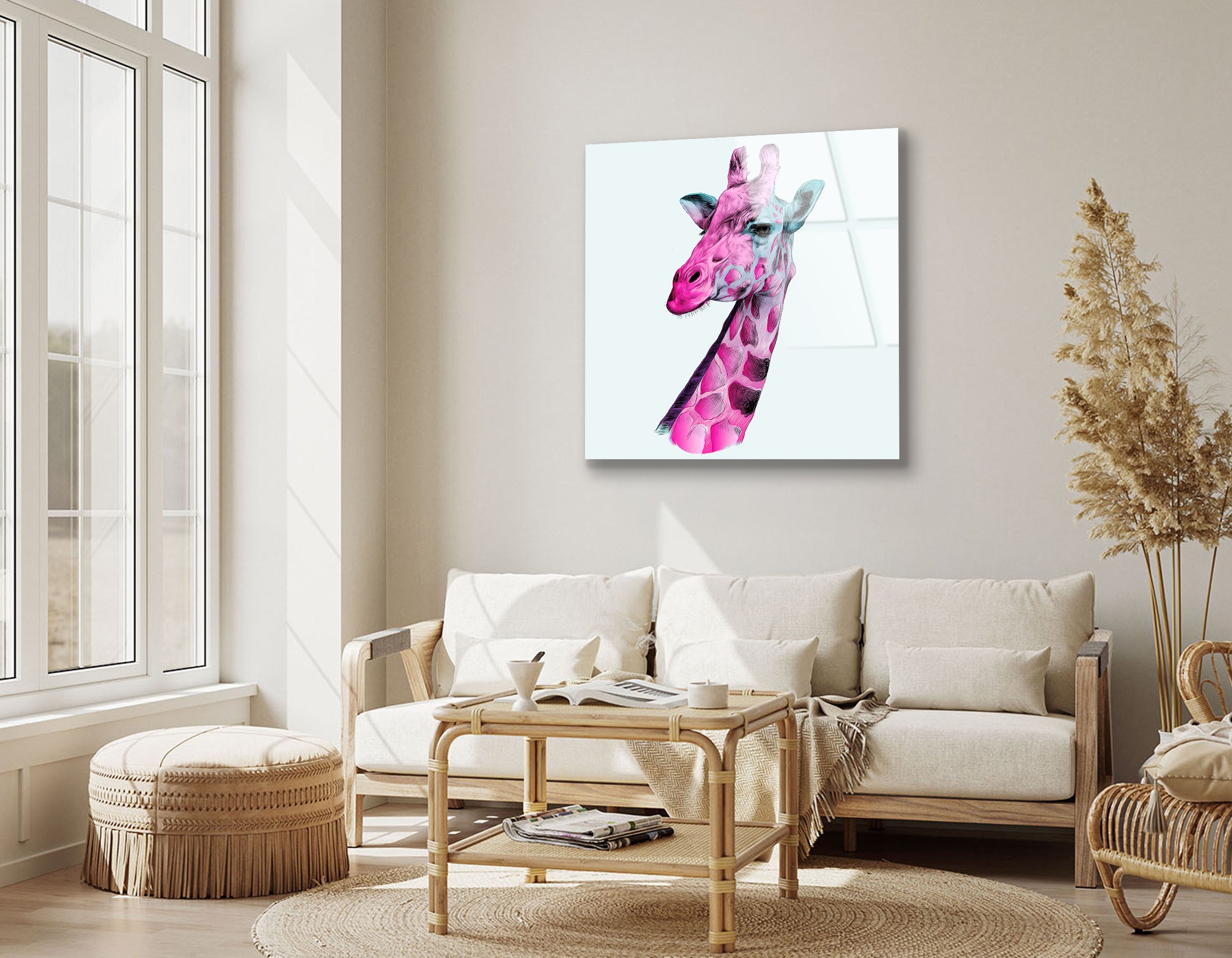 Giraffe Head Sketch in Pink and Blue | Premium HD Metal Wall Art