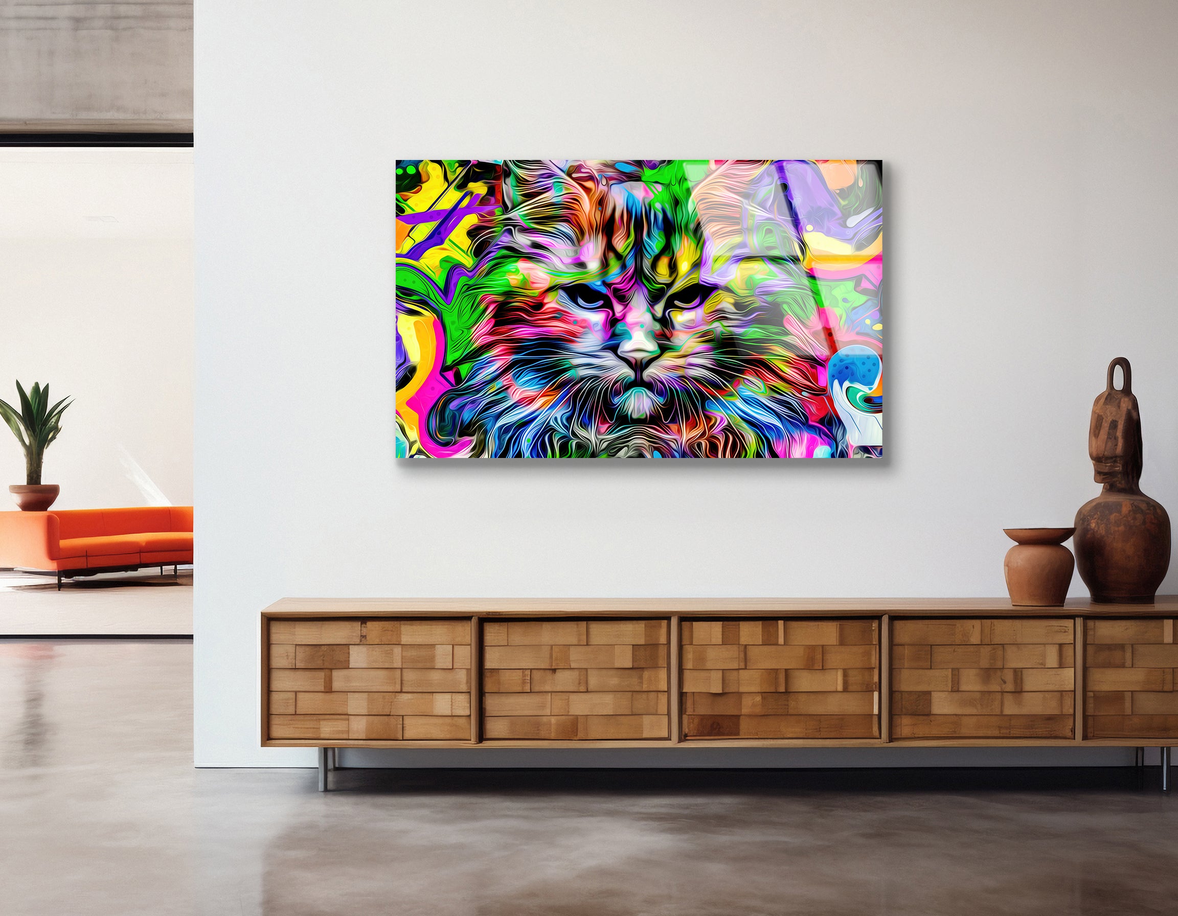 Colorful Cat Head Illustration Art | Premium HD Metal Wall Art