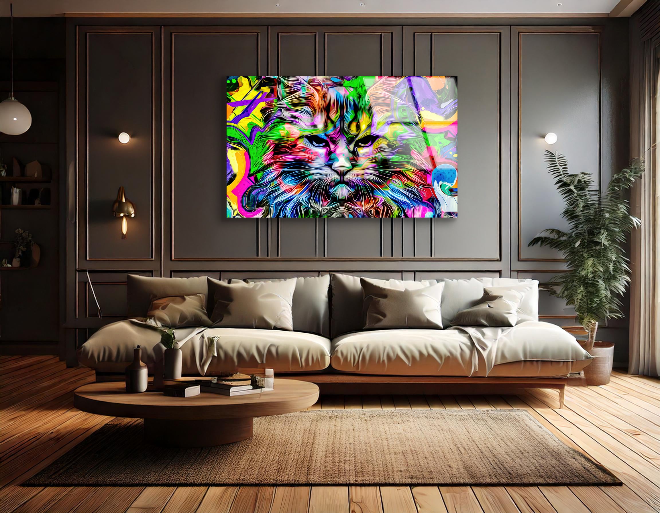 Colorful Cat Head Illustration Art | Premium HD Metal Wall Art