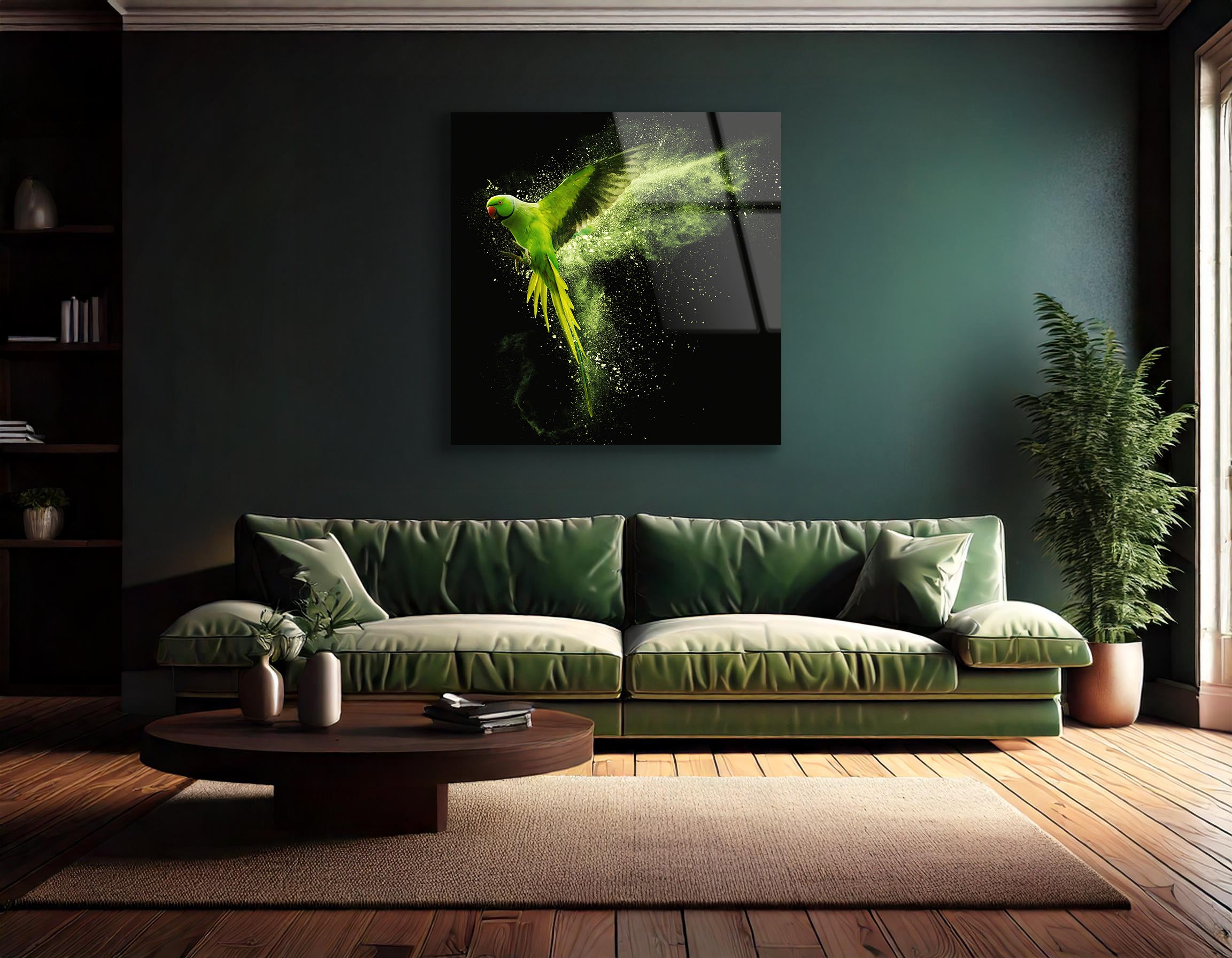 Flying Green Alexandrine Parakeet | Premium HD Metal Wall Art