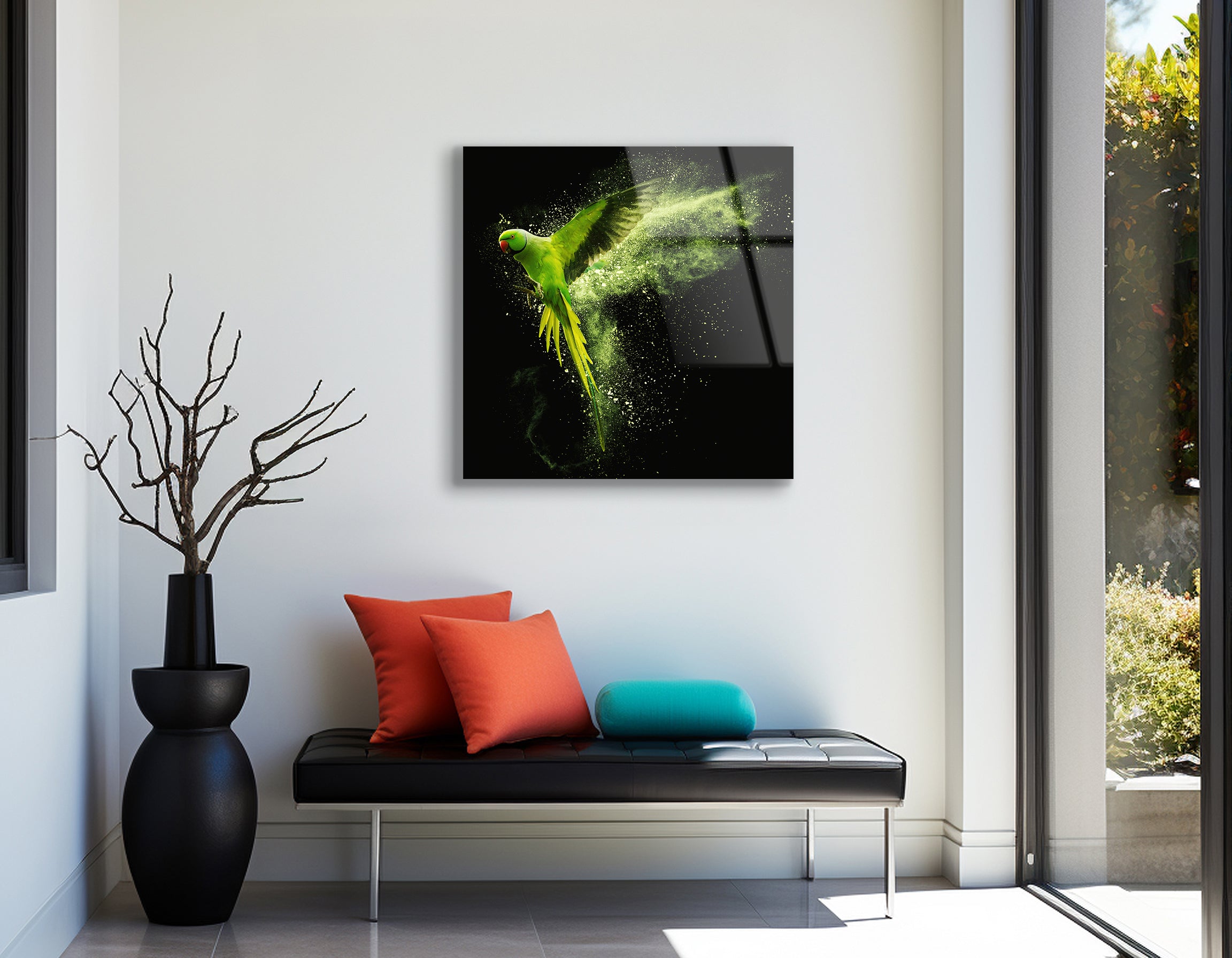 Flying Green Alexandrine Parakeet | Premium HD Metal Wall Art