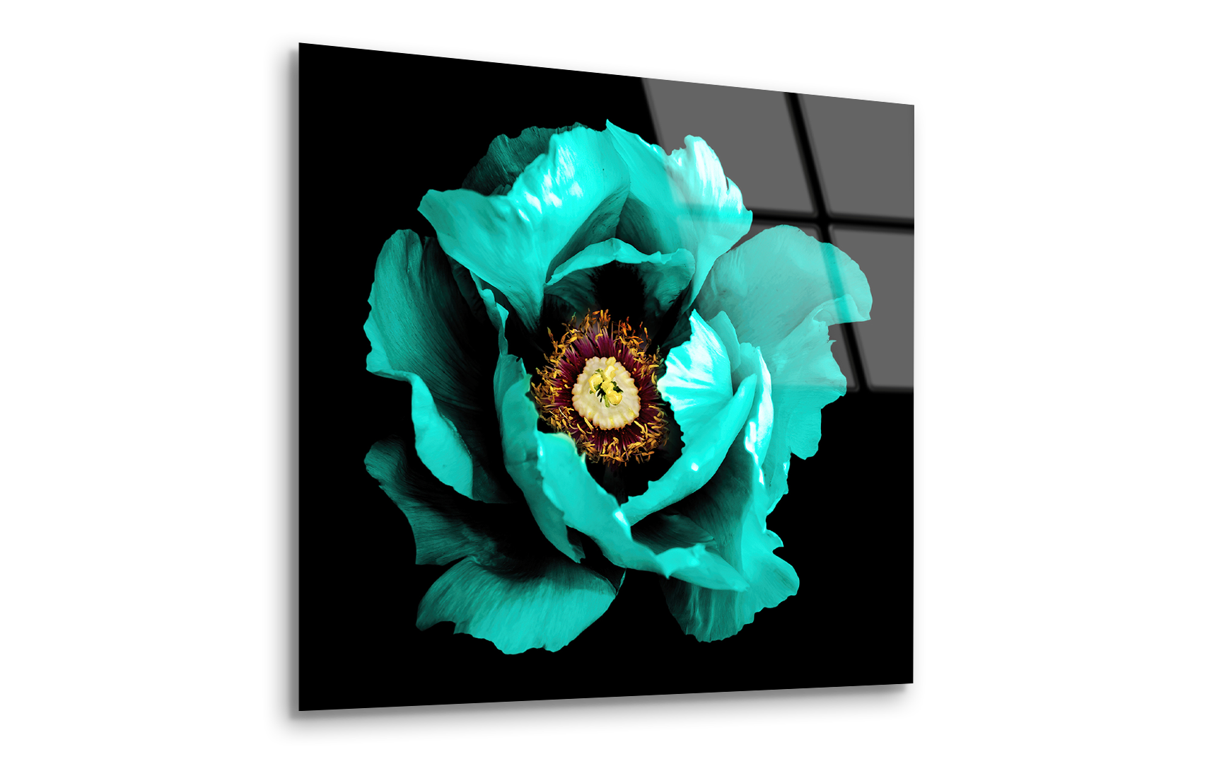 Surreal Dark Chrome Cyan Peony Flower | Premium HD Metal Wall Art