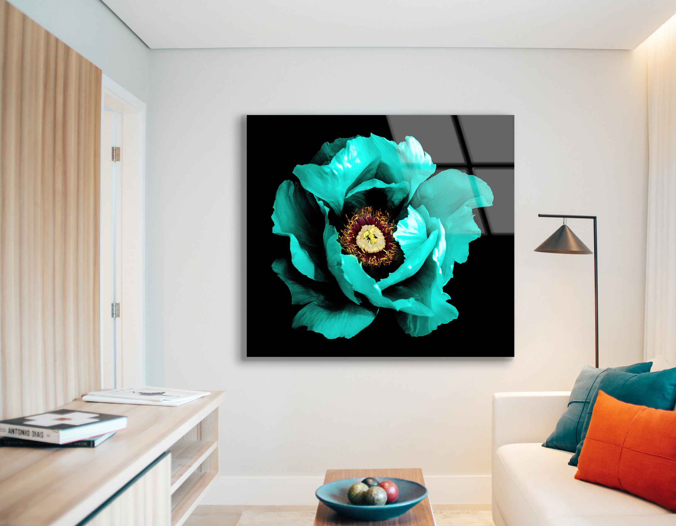 Surreal Dark Chrome Cyan Peony Flower | Premium HD Metal Wall Art